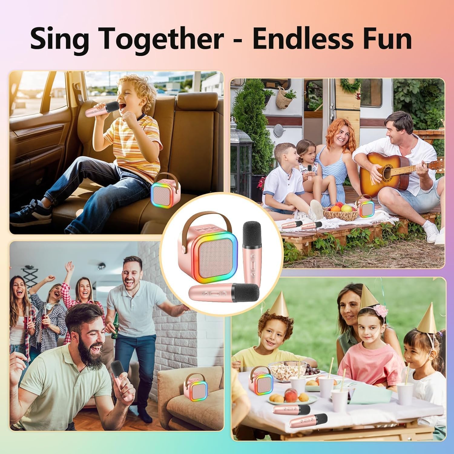 Detalle de Machine de karaoké portable Bluetooth avec 2 micros sans fil et effets vocaux LED pour enfants