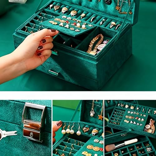 Detalle 2 de Lumcoyee Jewellery Organisers Box for Women & Girls, 3-Tier & 2 Drawers, Green
