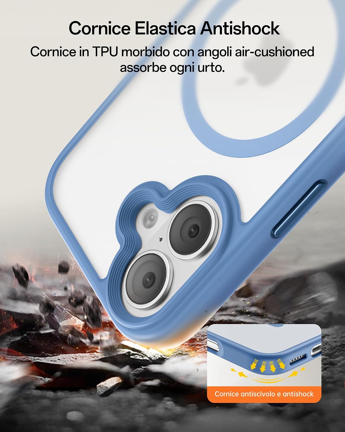 Detalle de UNBREAKcable Custodia Magnetica iPhone 16 6,1" Blu Chiaro — Protezione avanzata e MagSafe