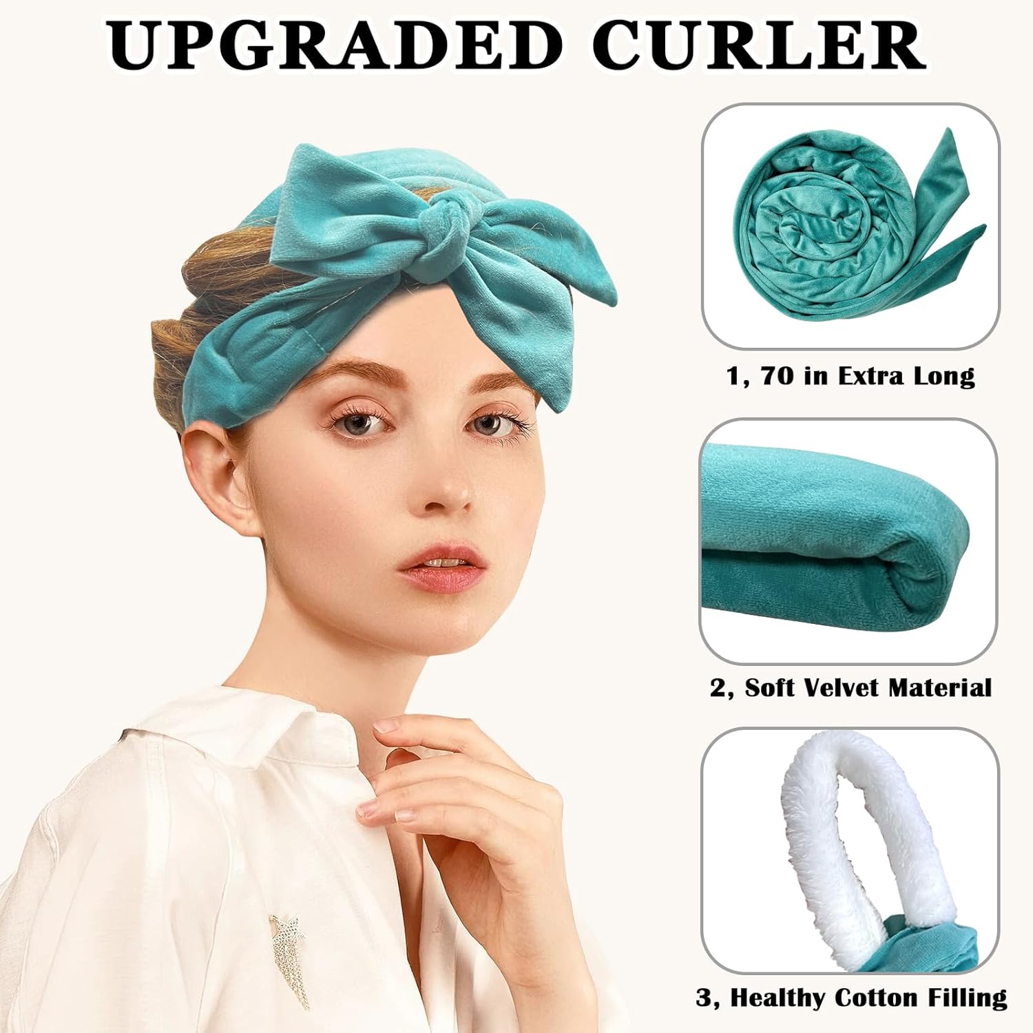 Detalle de Gwabee No Heat Overnight Curl Headband (70" Soft Ribbon Wrap) — 9-Piece Curling Rods Set, Blue Green