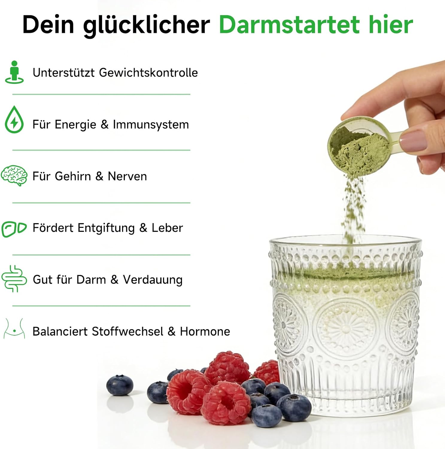 Detalle de Grünes Superfood Pulver 210g – Vegan Greens Mix mit Matcha, Spirulina, Gerstengras & Heidelbeere