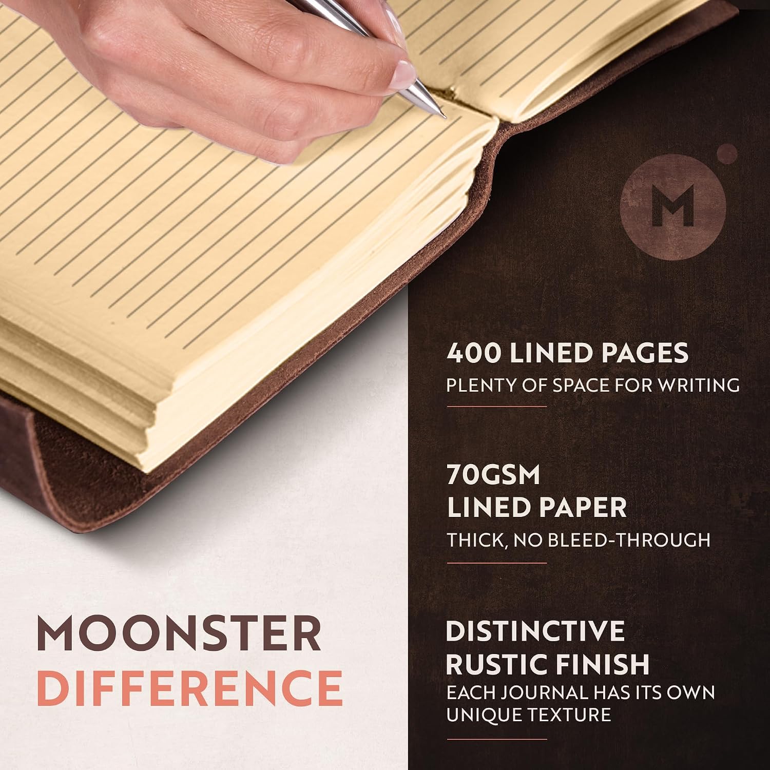 Detalle de Moonster Vintage Leather Journal with Heart Cover – Refillable 8x6 Notebook