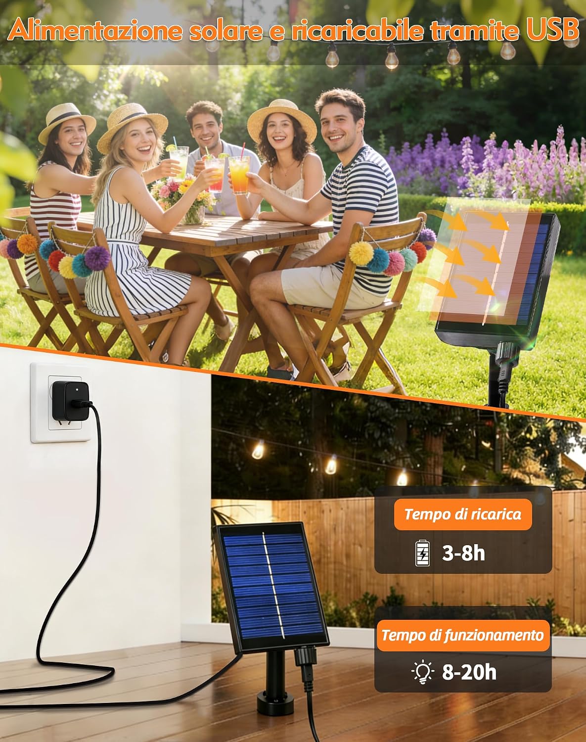 Detalle 2 de Qxmcov Catena Luminosa Esterno Solare 10 m con 15+1 LED G40, IP44, Telecomando