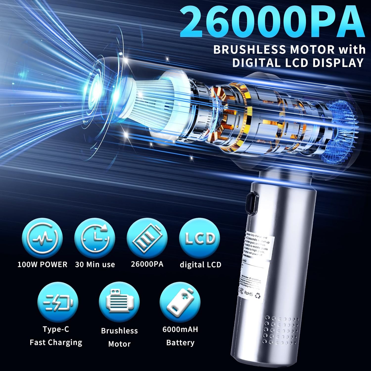 Detalle 2 de semart 6702GV Cordless Handheld Car Vacuum, 26,000 Pa, HEPA Filter