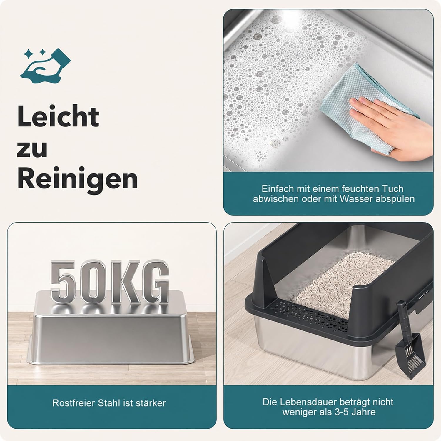 Thumbnail 6 de 2er-Set XXL Katzenklo aus Edelstahl 60×40×30 cm (37 l) – hoher Rand, offen, inkl. Streuschaufel