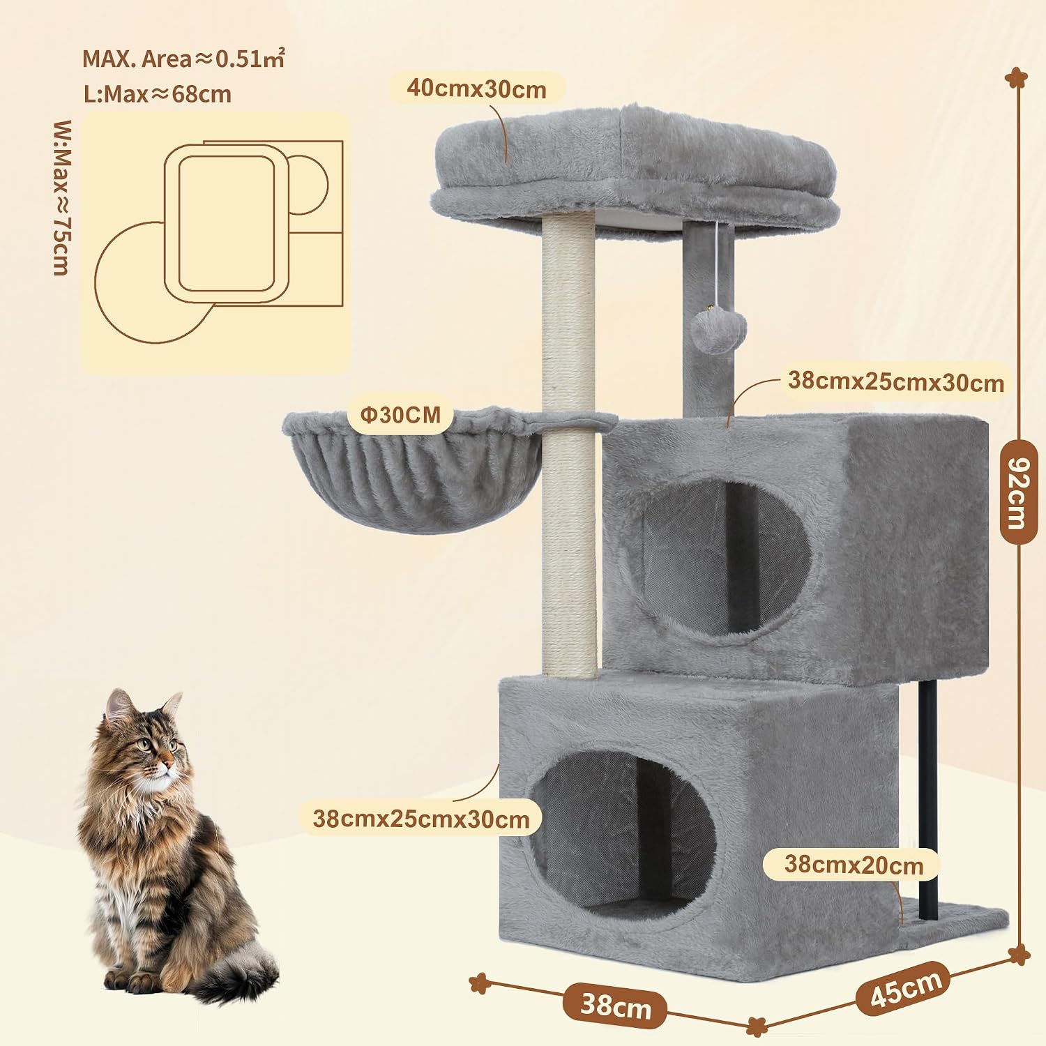 Detalle de Heybly Arbre à Chat, 92 cm – Escalier avec 2 Niches, Gaine SISAL et Plateforme supérieure, Gris Clair (HCT201SW)