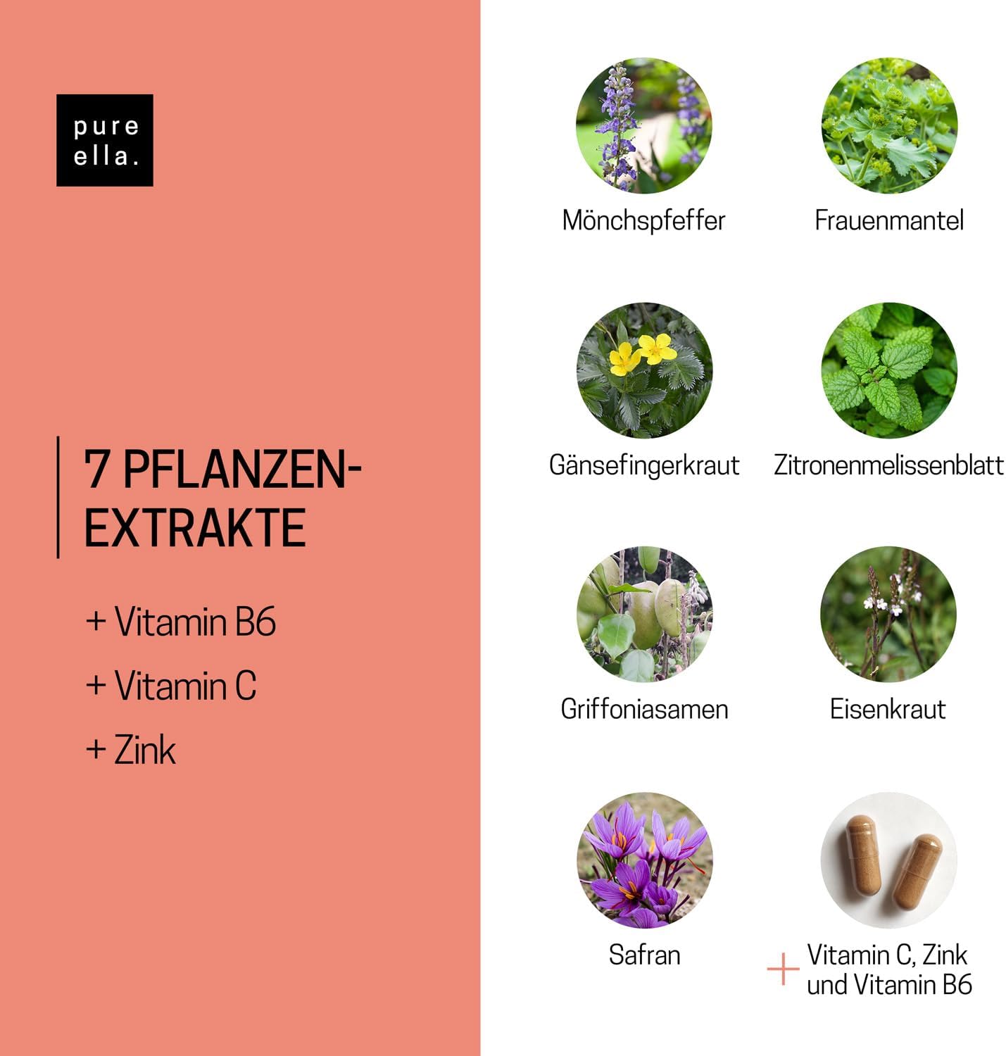 Thumbnail 6 de Pure Ella Vitalstoffkomplex für Frauen mit Mönchspfeffer, Frauenmantel, Safran, Vitamin C, B6 & Zink – 60 Kapseln