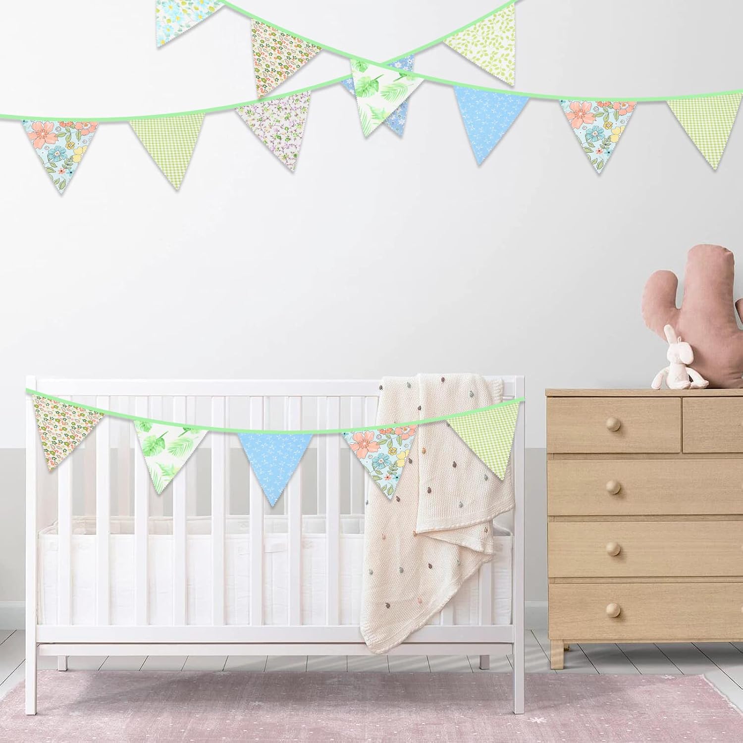 Thumbnail 5 de G2PLUS 12M Green Floral Bunting Garland (42pc cotton triangle banners)