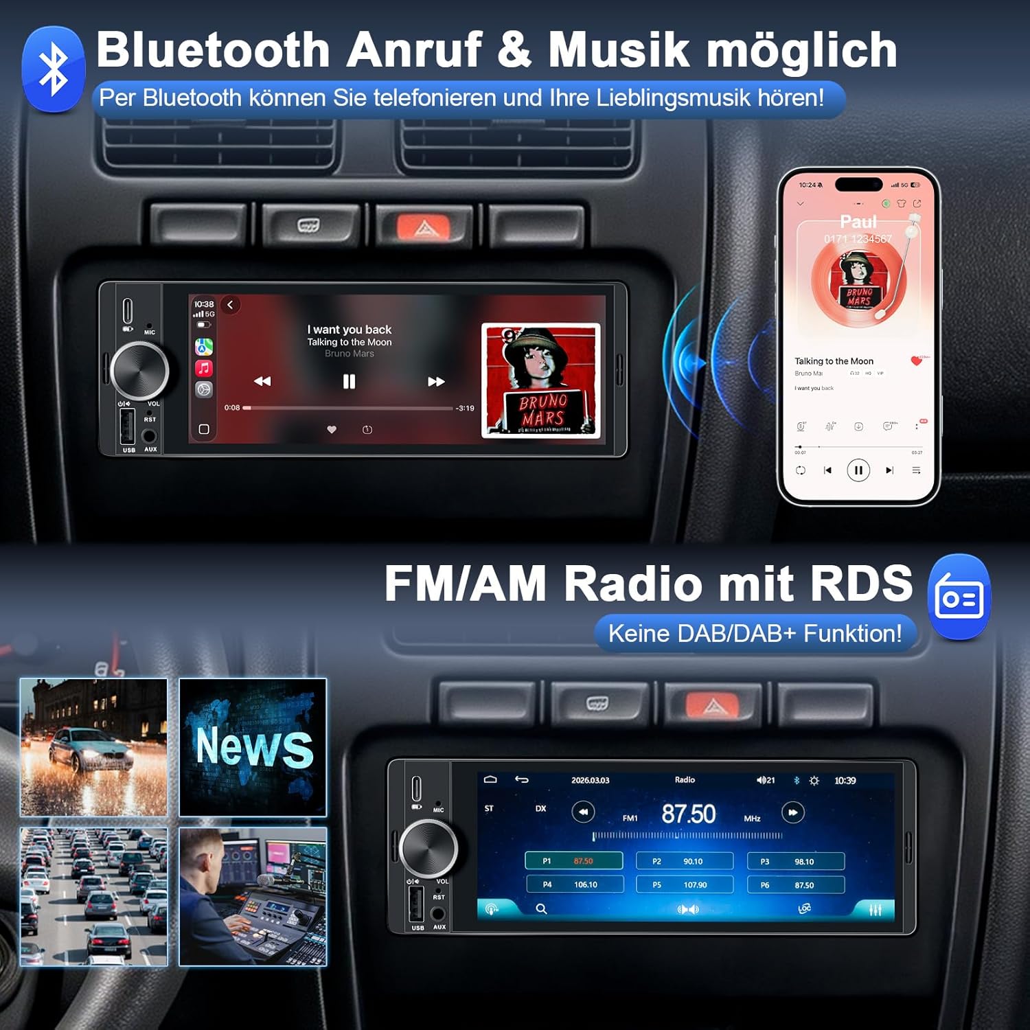 Thumbnail 4 de 1-DIN Bluetooth Autoradio mit 6,9" Touchdisplay, Wireless CarPlay/Android Auto und Rückfahrkamera