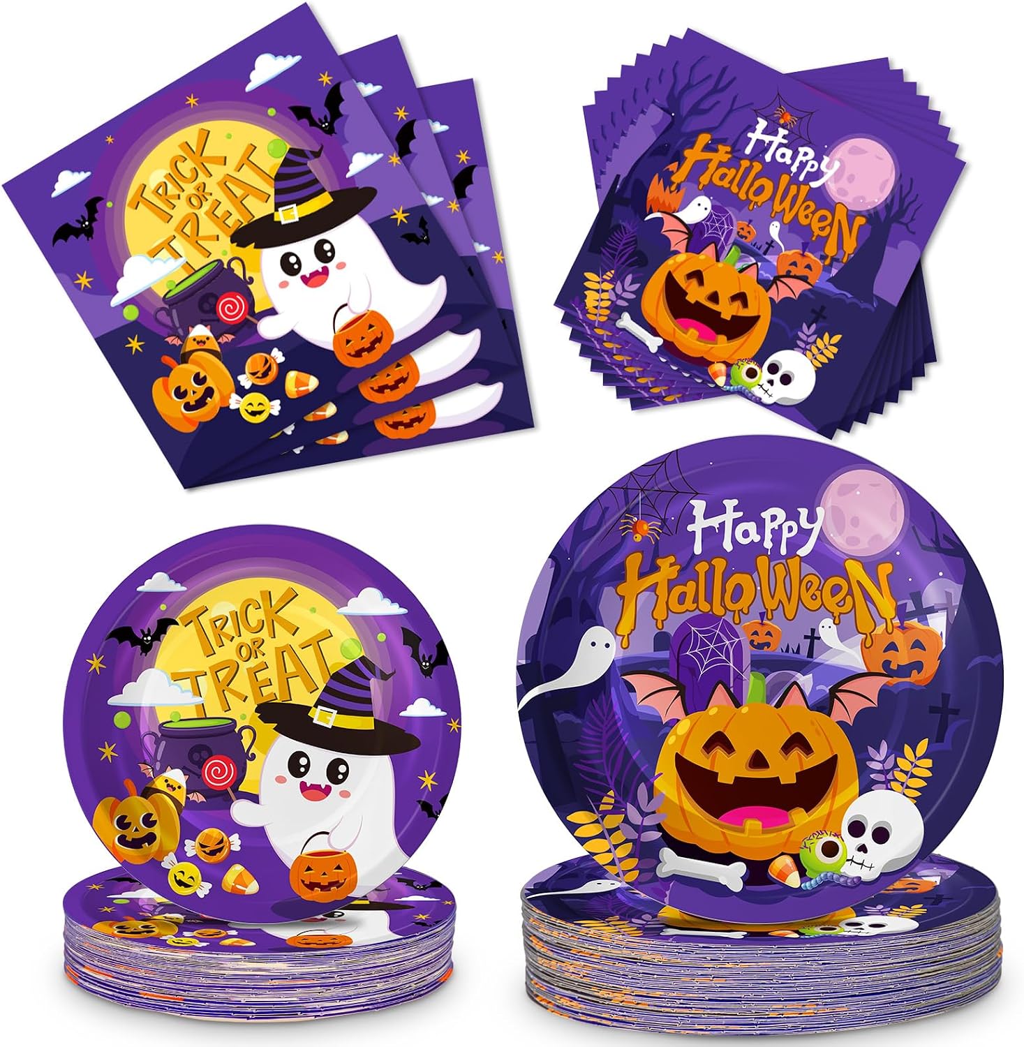 Detalle de PERFQU Halloween Paper Plates and Napkins Set, 150 Pieces, 9- and 7-Inch Plates