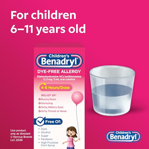 Detalle de Children's Benadryl Liquid Medicine (4 fl oz) – Dye-Free Allergy Relief for Kids