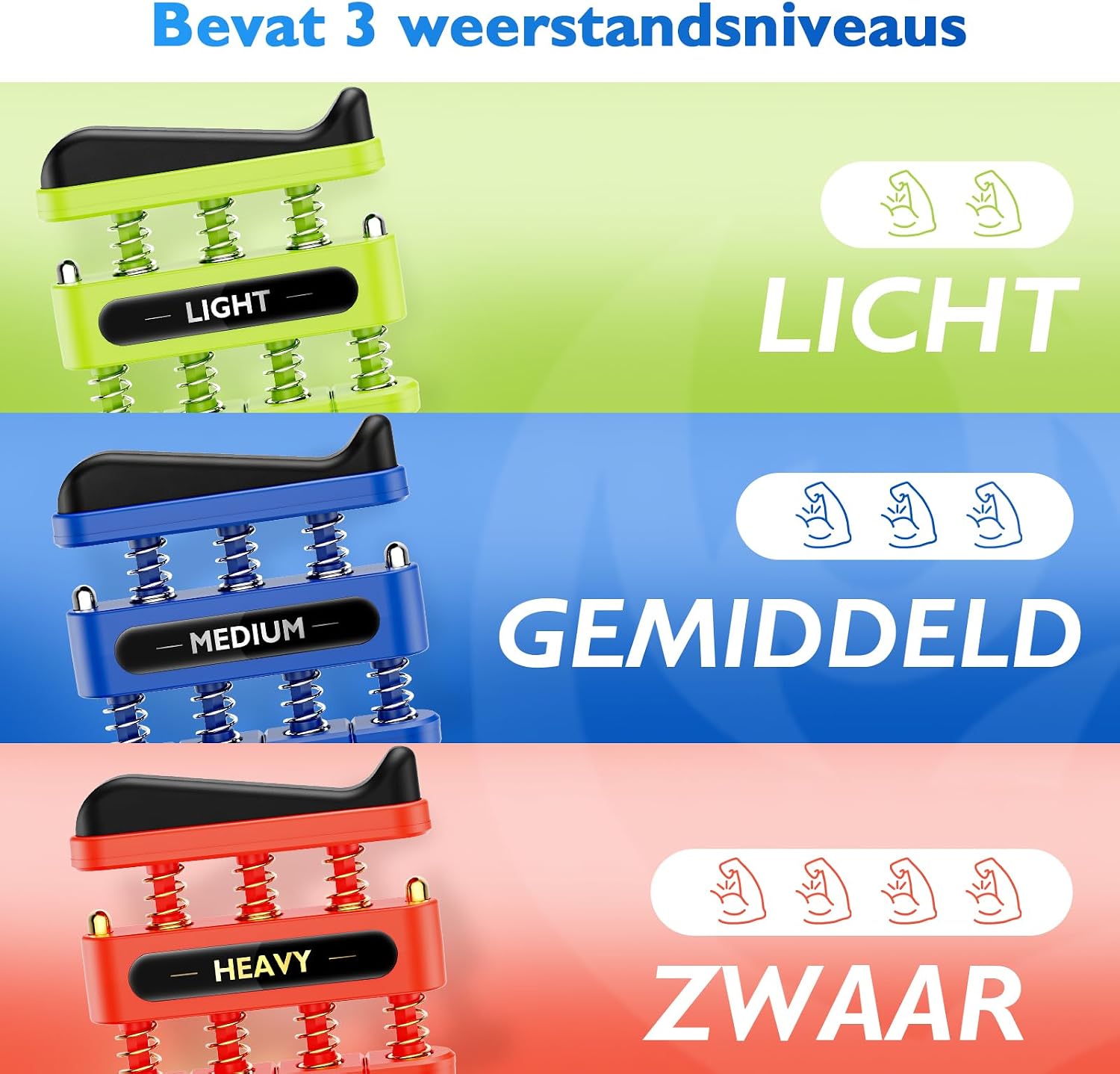Detalle de FitBeast ZLQTZ004 vingertrainer-set met drie weerstandsniveaus