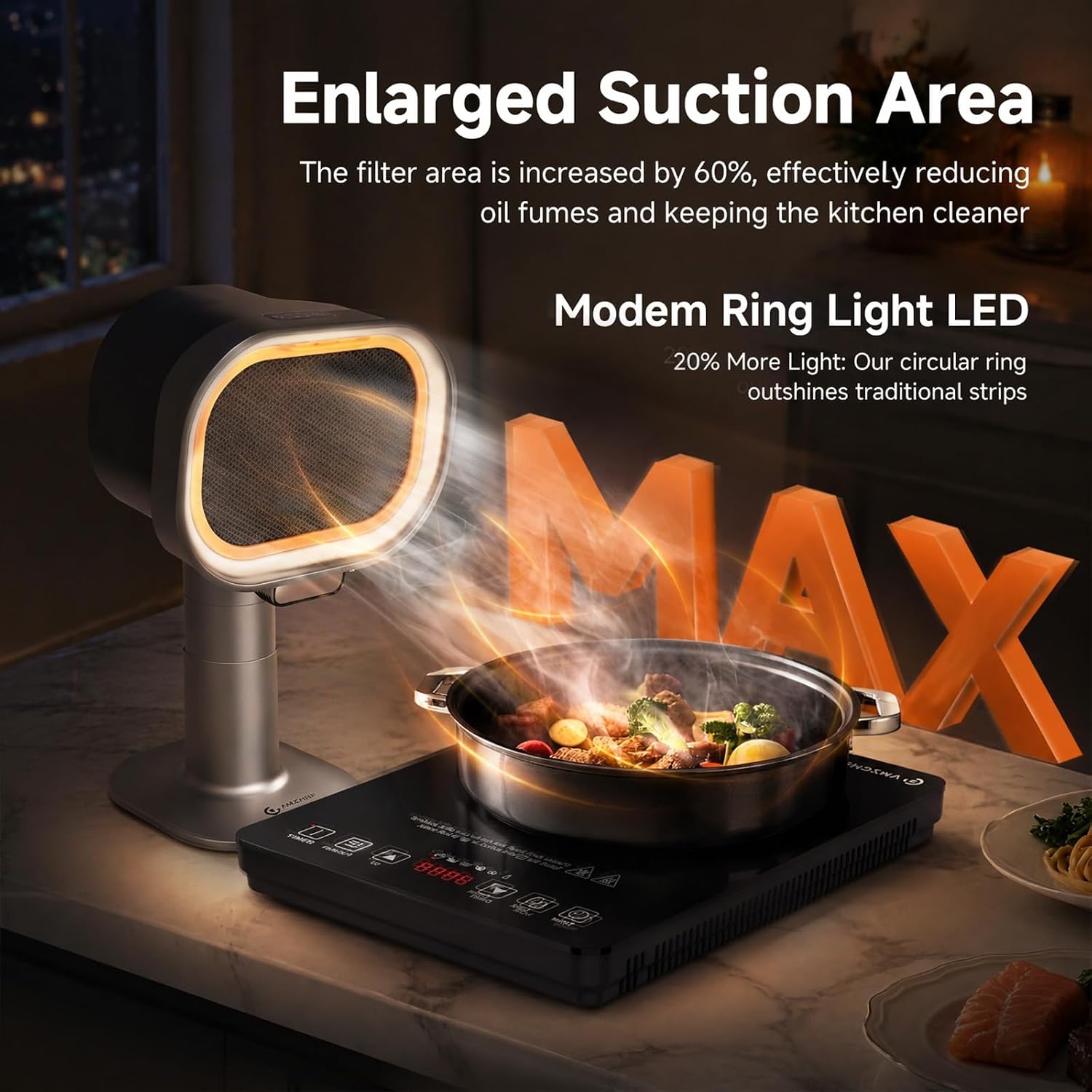 Detalle de AMZCHEF Portable Range Hood, 4-Speed Desktop Fan with Adjustable Height and 40° Tilt