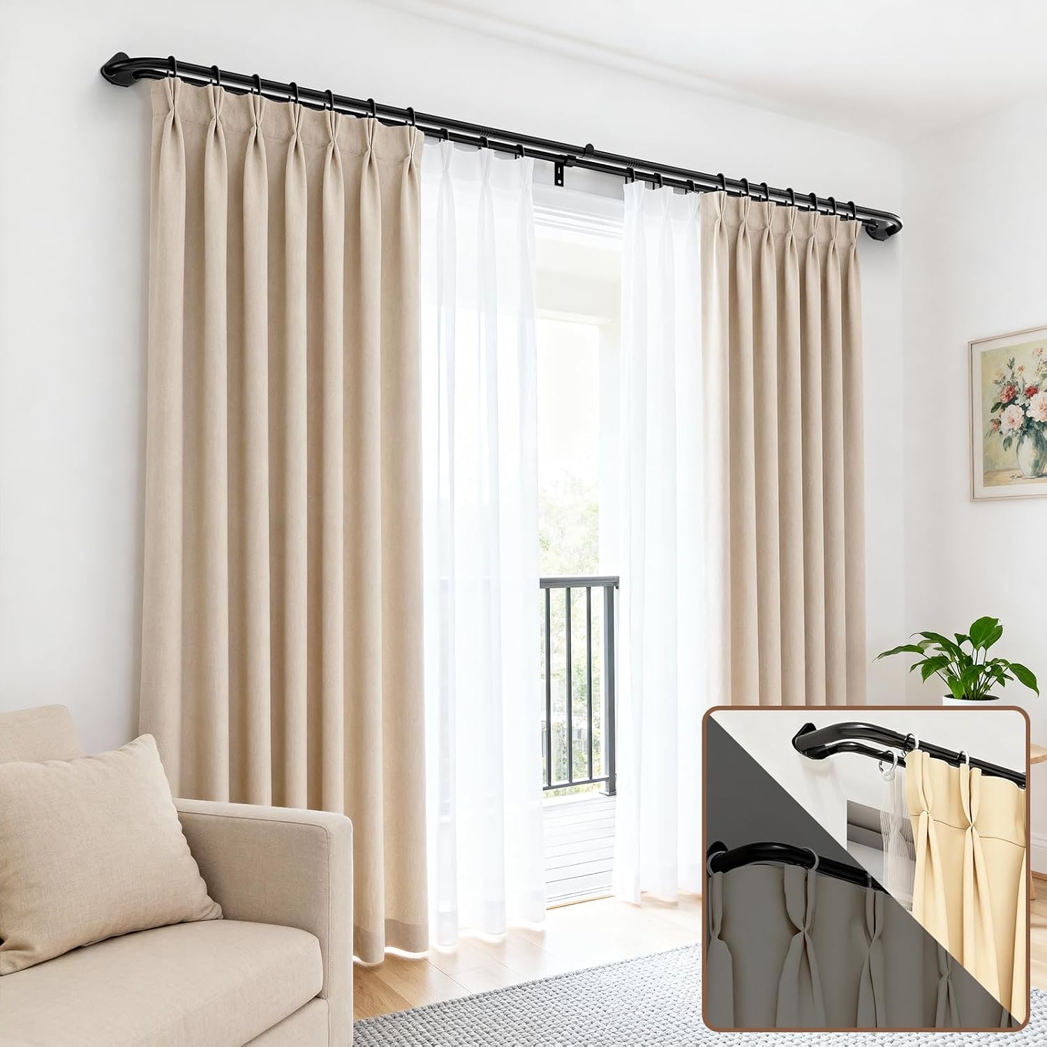 Detalle de Abiglifty Double Curtain Pole 71-122cm, 19mm Black Extendable Double Rod with Brackets for Eyelet Curtains
