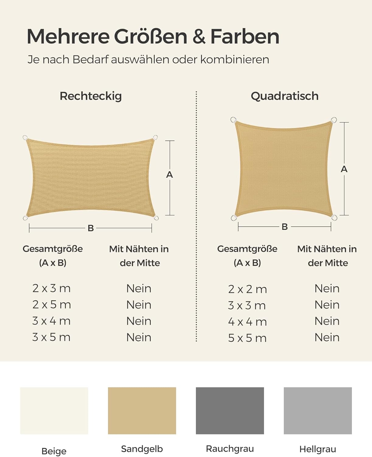 Thumbnail 5 de SONGMICS Sonnensegel 3 x 5 m aus HDPE – UV-Schutz, atmungsaktiv, Sandgelb (GSS35EYV1)
