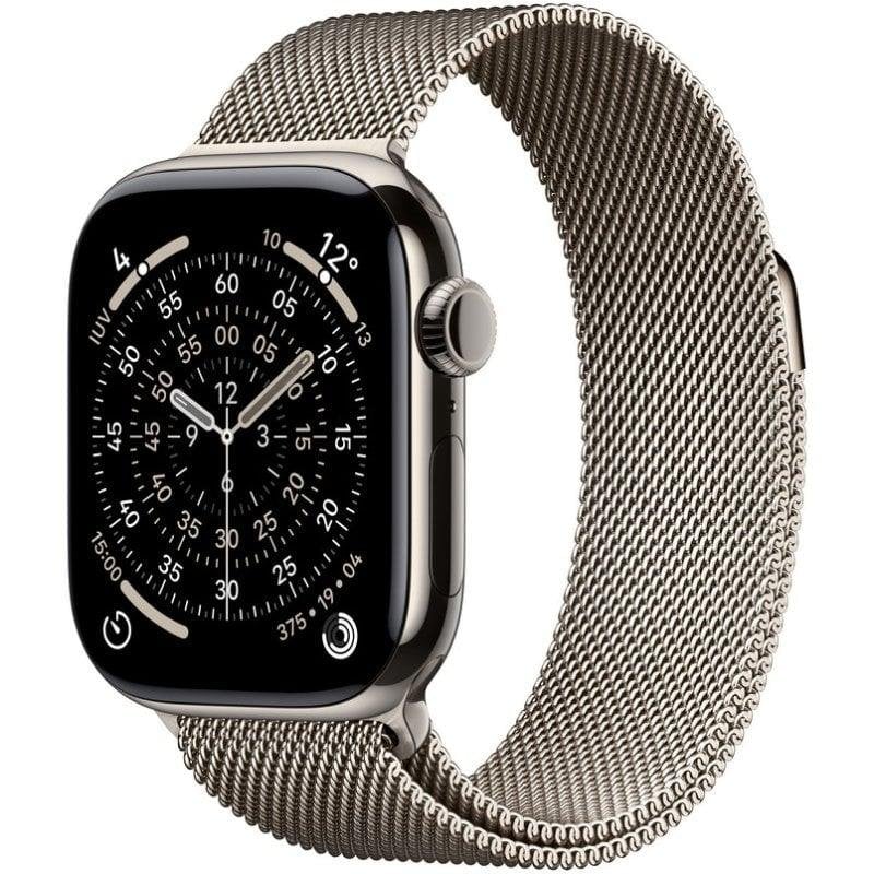 Detalle de Apple Watch Series 11 GPS + Cellular 42 mm de titanio con Milanese Loop Natural
