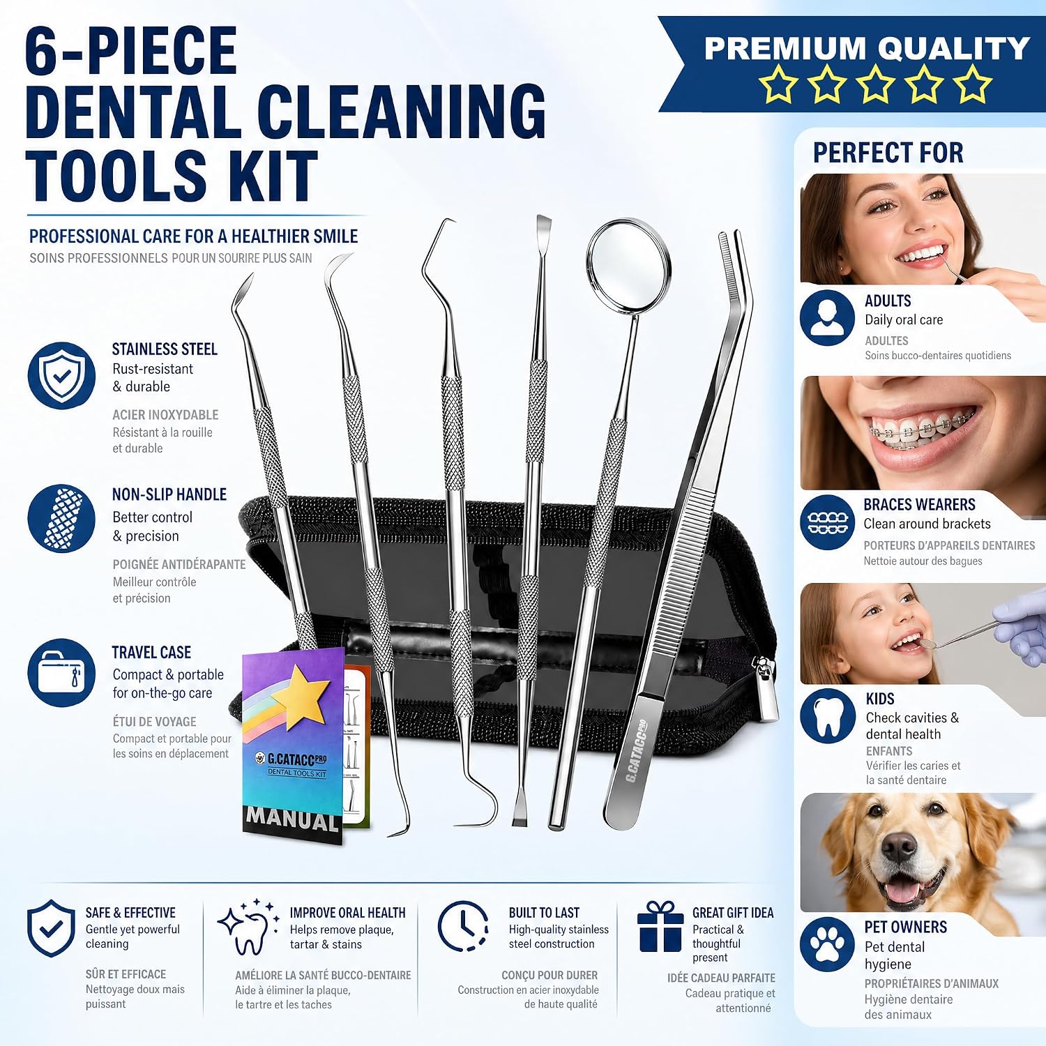 Detalle 2 de G.CATACC Dental Tools 6-Piece Stainless Steel Dental Cleaning Kit