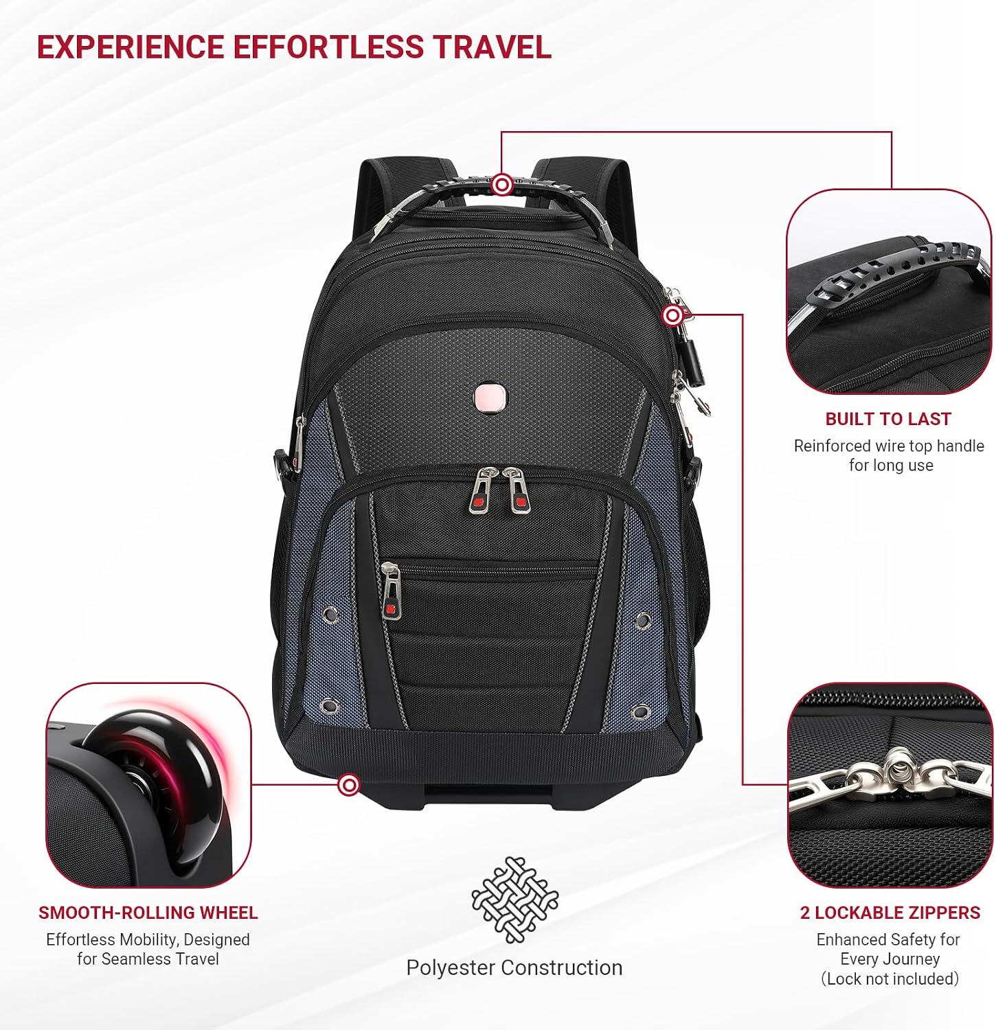 Detalle 2 de Star Cloud Rolling Backpack with Wheels: 17.3" Laptop, USB & Type-C Charging, 45L Carry-On