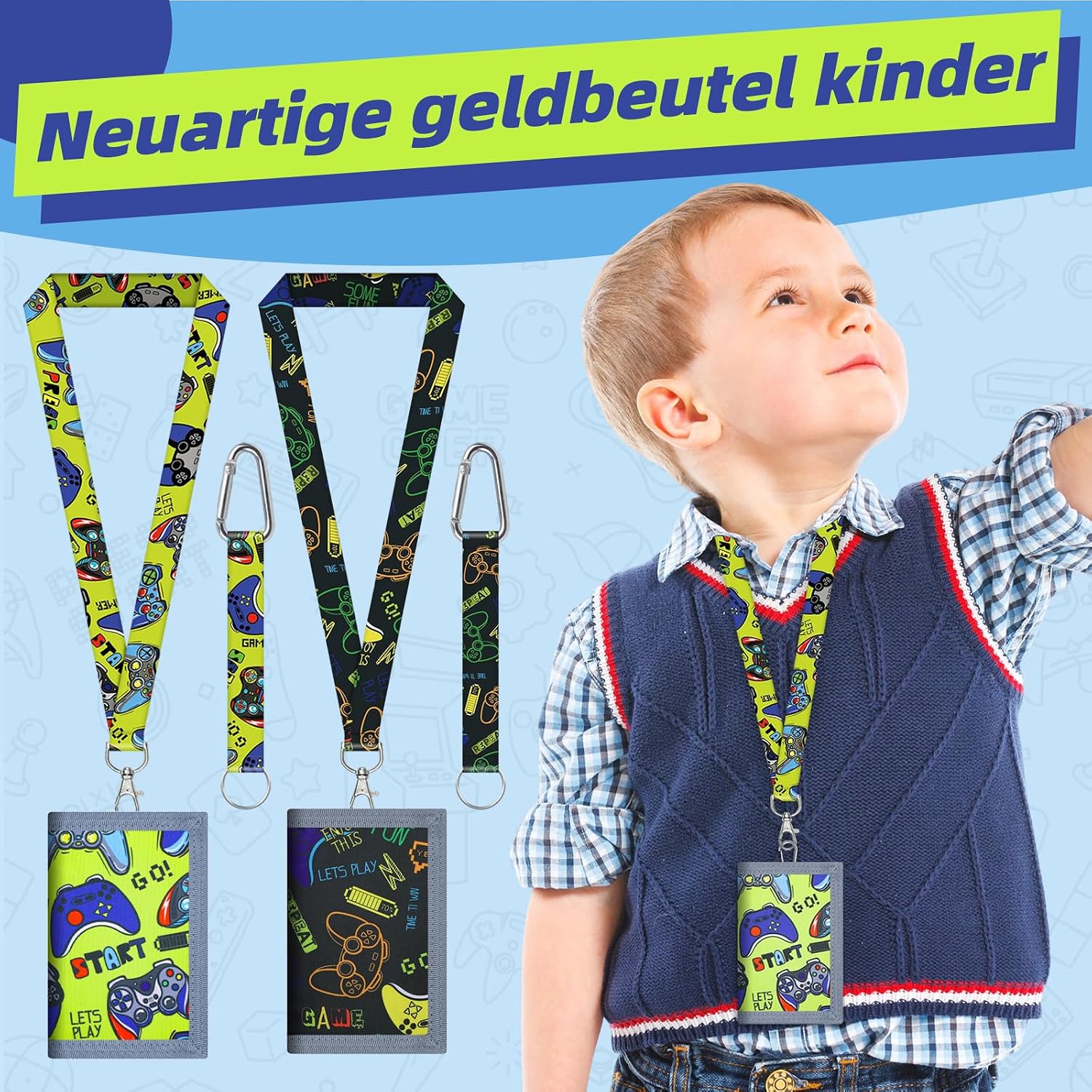 Detalle de Youery Portemonnaie Kinder – Dreifach gefaltetes, wandbares Geldbeutelchen mit Schlüsselband (Grün)