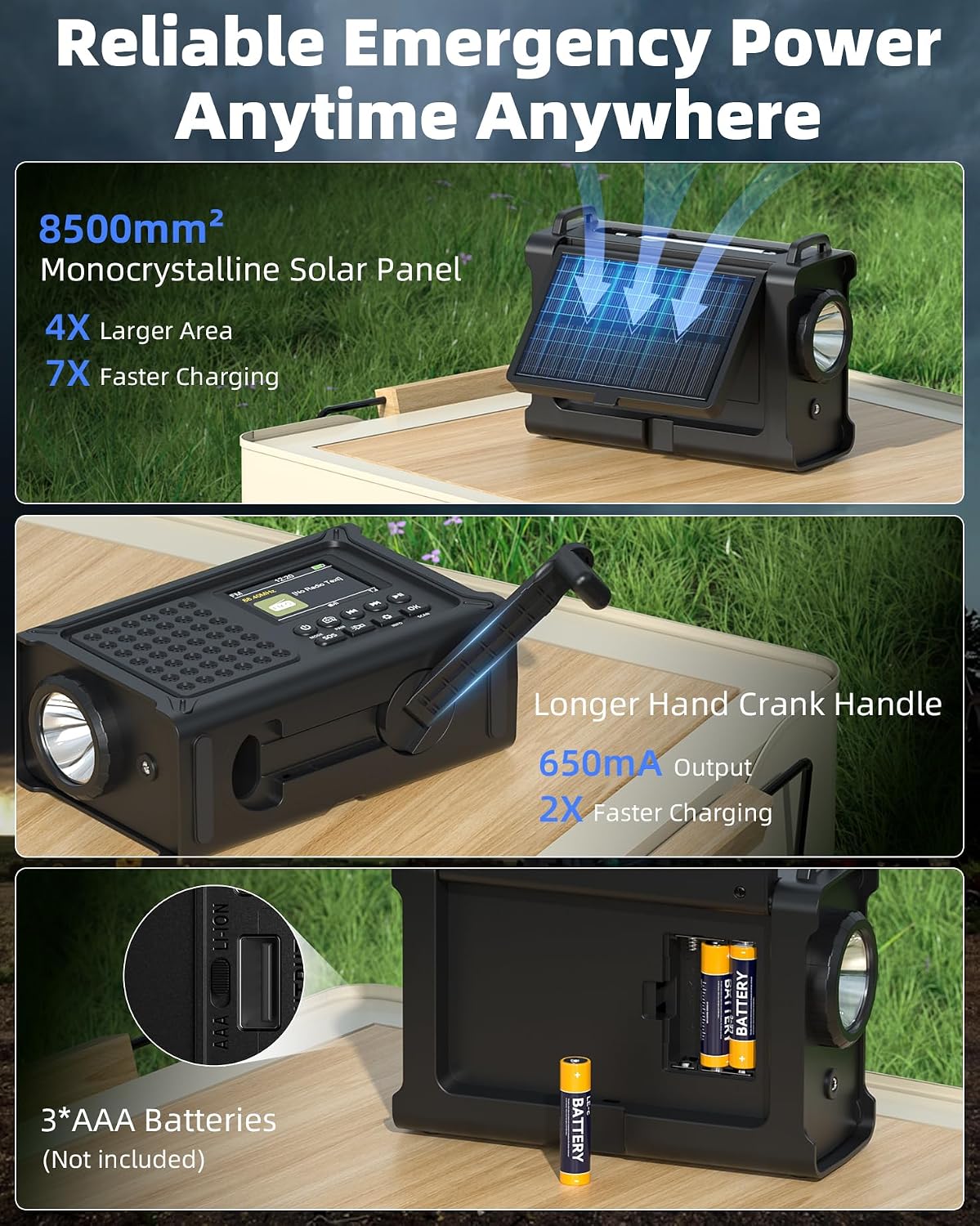Detalle de 12000mAh Kurbelradio von Roxicosly – DAB+/UKW, Bluetooth 5.0, Solarpanel & Notfall-Dynamo