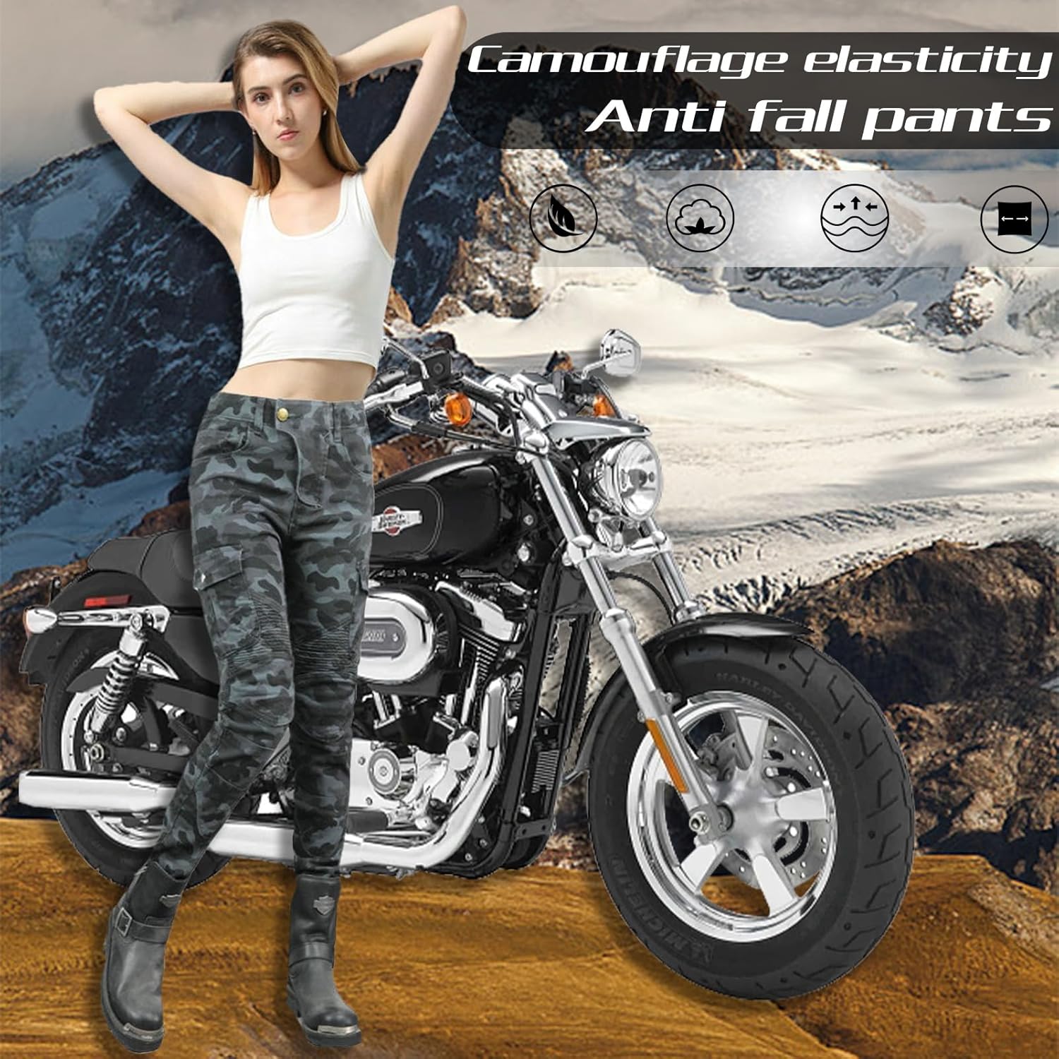 Thumbnail 1 de HULG Damen Motorradhose Mit Protektor – Camouflage, XXS–M, Stretch-Denim