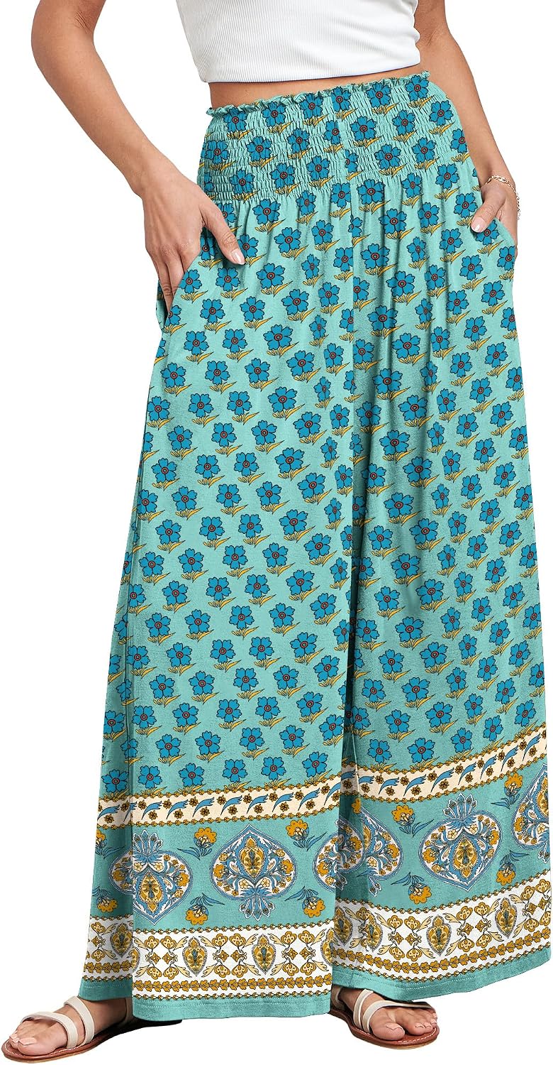 Detalle de ANRABESS Women Palazzo Pants Summer Boho Bagyy Wide Leg High Smocked Waist with Pockets