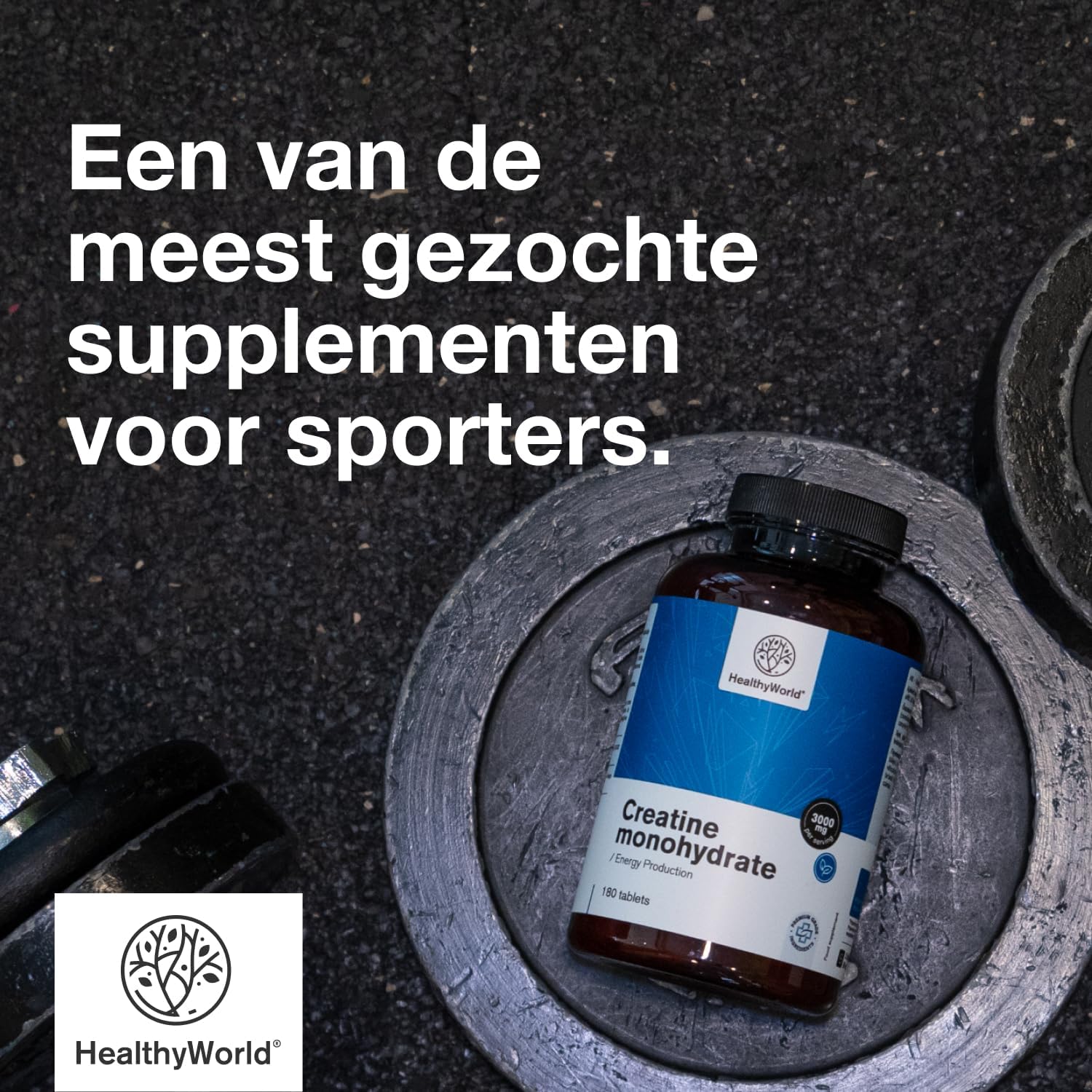 Detalle de HealthyWorld Creatinemonohydraat 3000 mg, 180 vegetarische tabletten