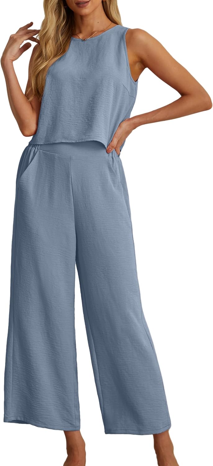 Thumbnail 6 de IWOLLENCE Co Ord Sets for Women 2 Piece Outfit: Sleeveless Crop Top & Wide-Leg Trousers, Lightweight Crinkle Lounge Set