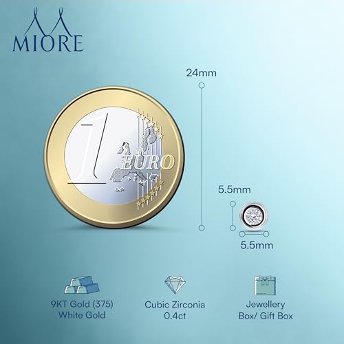 Detalle de Miore Gold Earrings for Women: Solitaire Round Studs in 9ct White Gold with White Zirconia 0.40ct