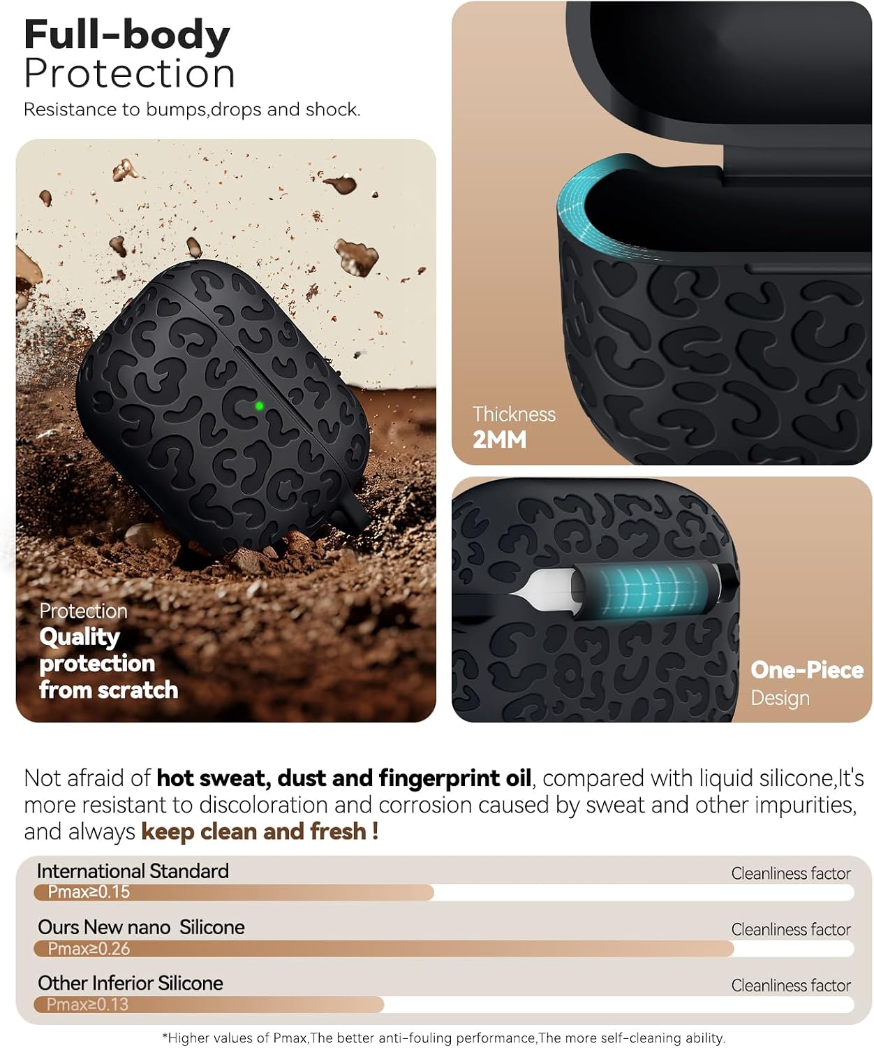Detalle de MCTOPZO Leopard Carving Silicone Case for AirPods 4 (2024) USB‑C with Keychain & 3‑in‑1 Cleaning Kit (Black)