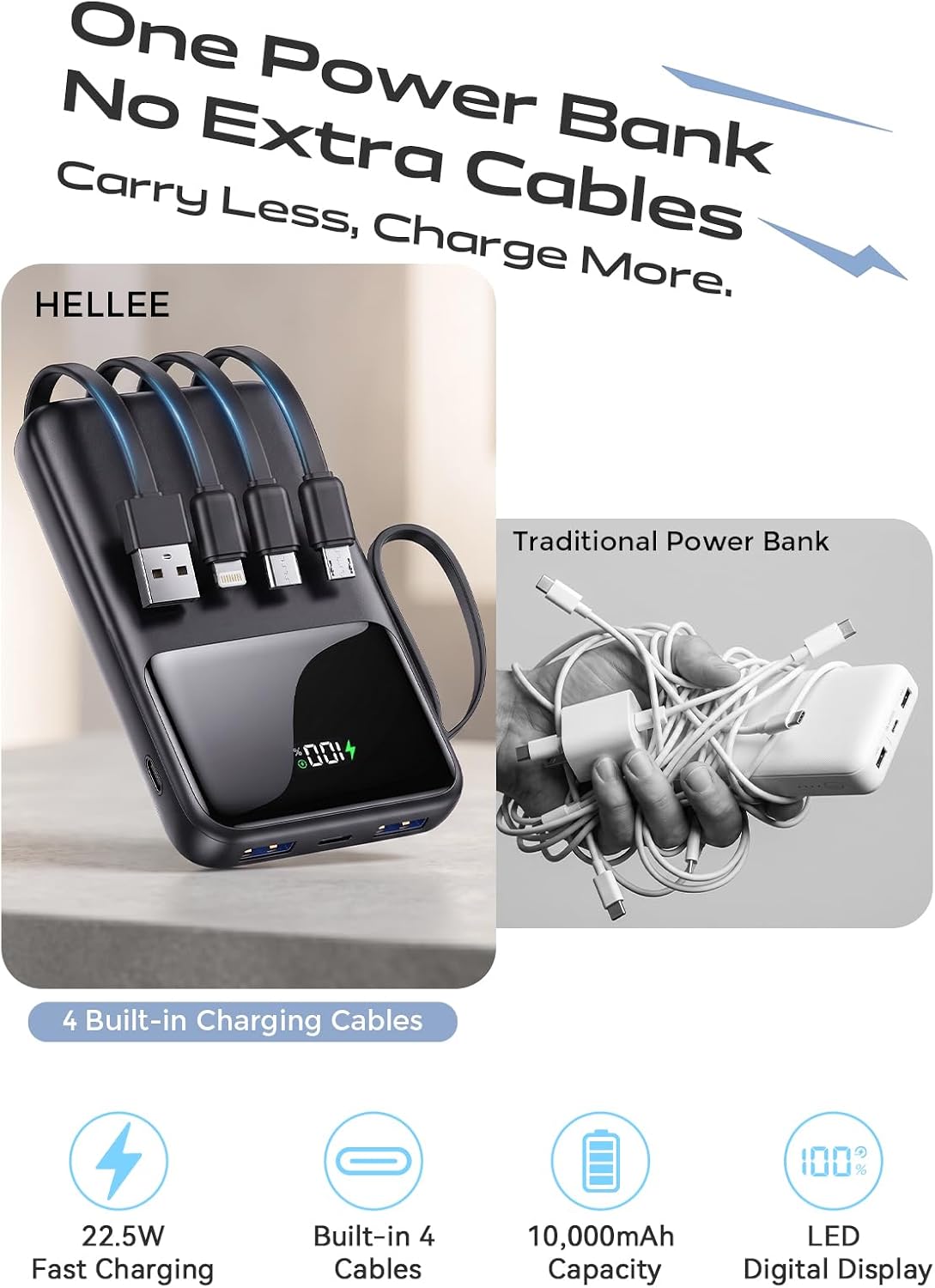 Thumbnail 3 de HELLEE Power Bank Fast Charging 10000mAh with Built-in 4 Cables