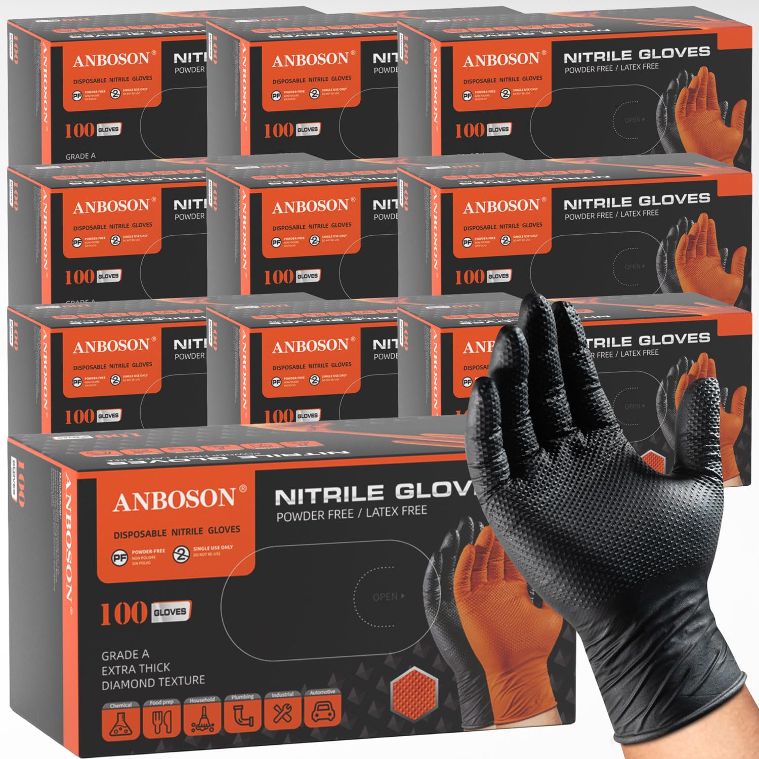 Detalle de ANBOSON 10 Mil Nitrile Mechanic Gloves, Medium, Black, Diamond Grip, 1,000 Count