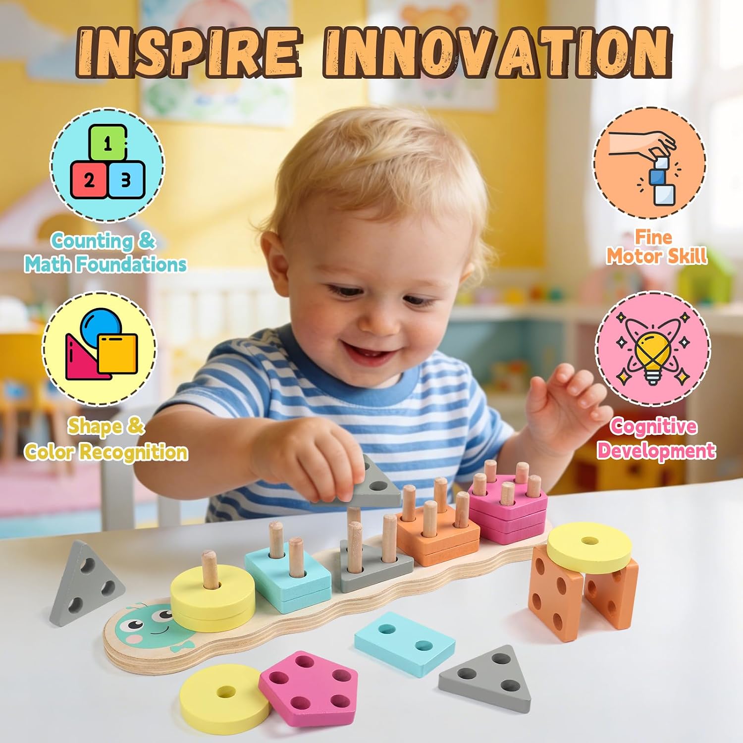 Detalle de Rtomry Montessori Holzspielzeug ab 1 Jahr – Steck- und Motorikspielzeug im Raupen-Design