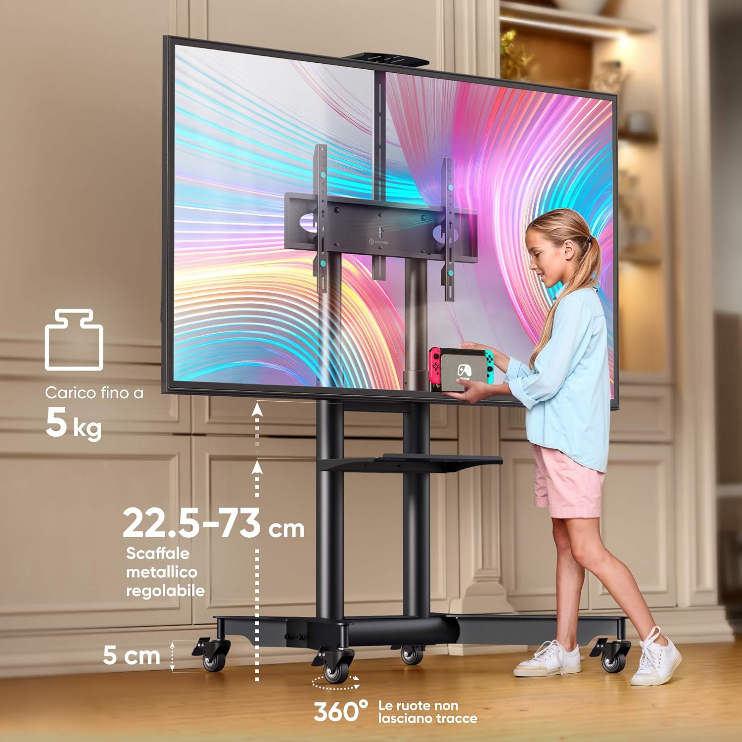 Detalle de ONKRON TS1571-B supporto TV da pavimento 32–75 pollici con ruote, mensola e altezza regolabile