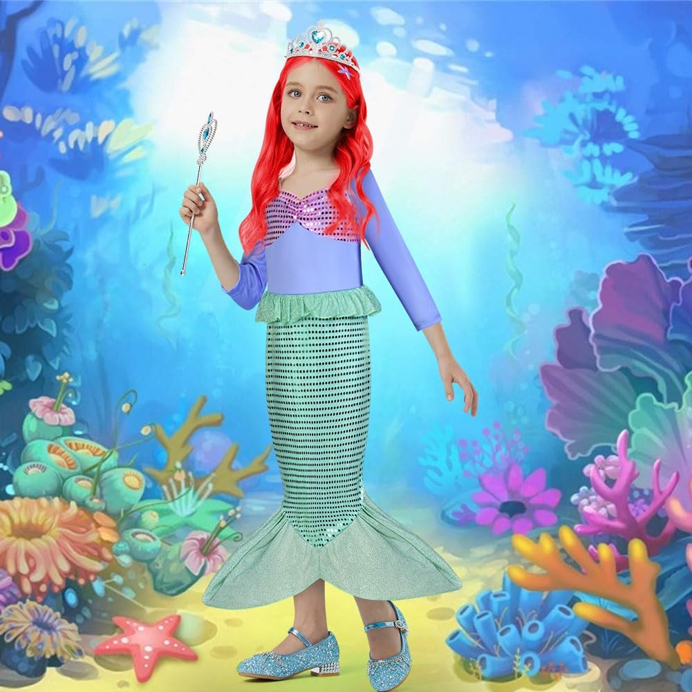 Detalle de AUYAO Vestito Sirenetta per Bambina – Costume di Prinsesi Ariel con Parrucca e Corono