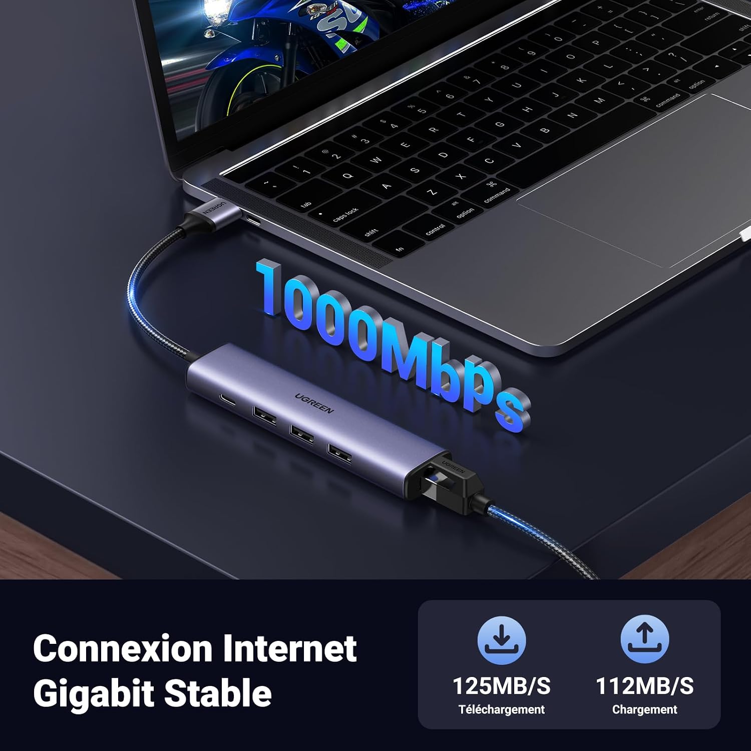 Detalle de UGREEN Hub USB 3.0 avec Adaptateur Ethernet 1000 Mbps et 3 Ports RJ45 — Aluminium