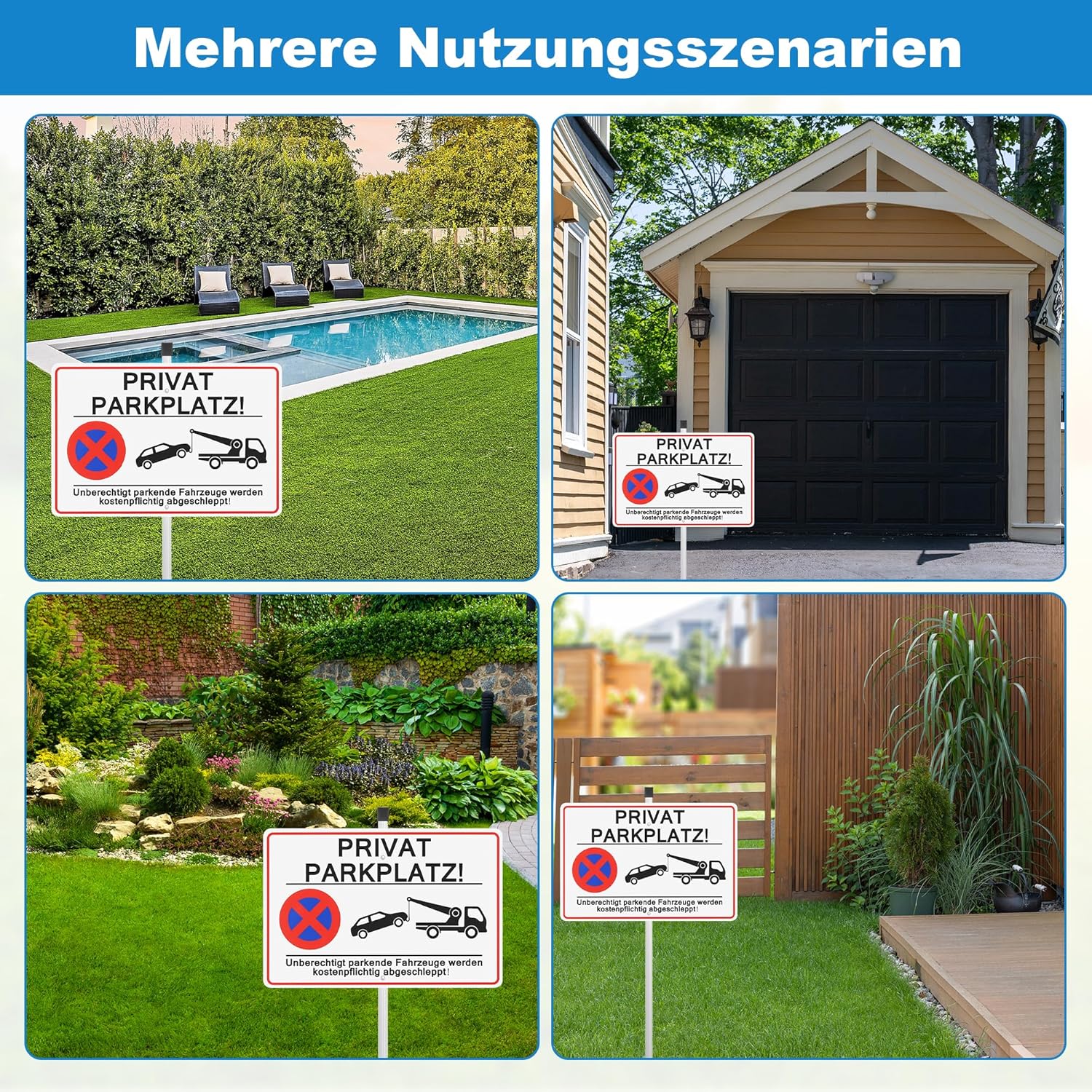 Thumbnail 6 de JIZZU Privatparkplatz Schild mit Pfosten, Aluminium 30x20 cm – „Parken verboten“ mit Hinweis auf Kostenpflicht und Abschleppen