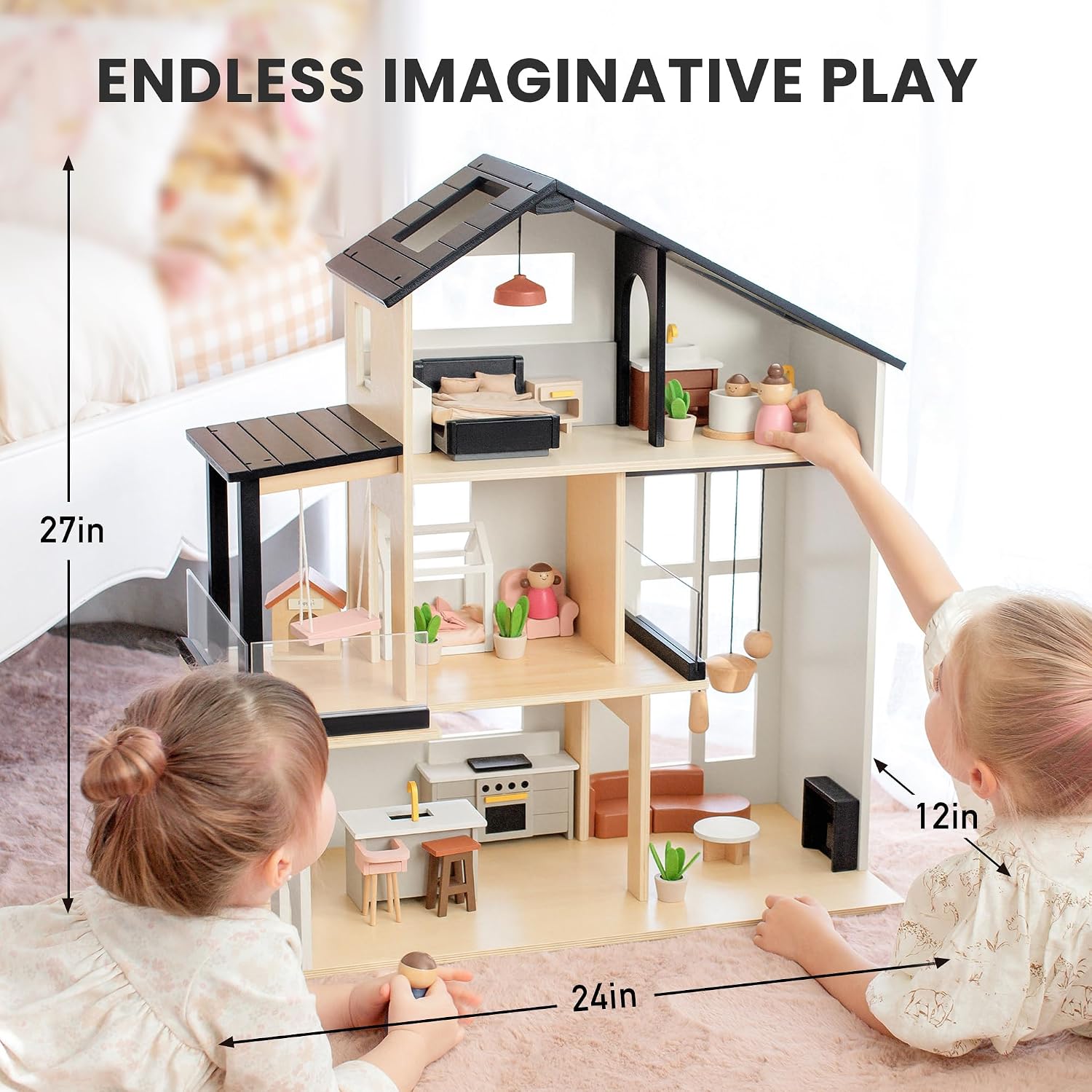 Detalle 2 de Tiny Land Wooden Doll House: Modern Family 7-Room Dollhouse with 53 Accessories