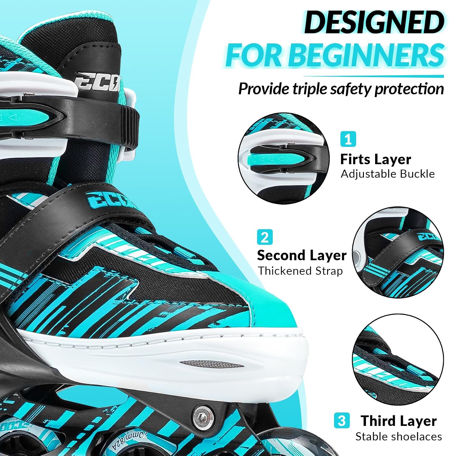 Detalle 2 de ECOO Adjustable Inline Skates for Kids, Cyan, with 8 Light-Up Wheels