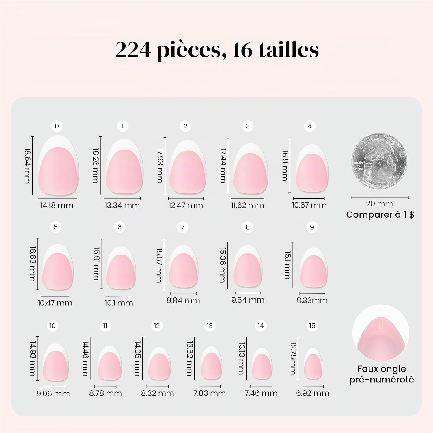 Detalle 2 de Beetles French Tip nageltips, extra kort, amandelroze gel, 210 stuks