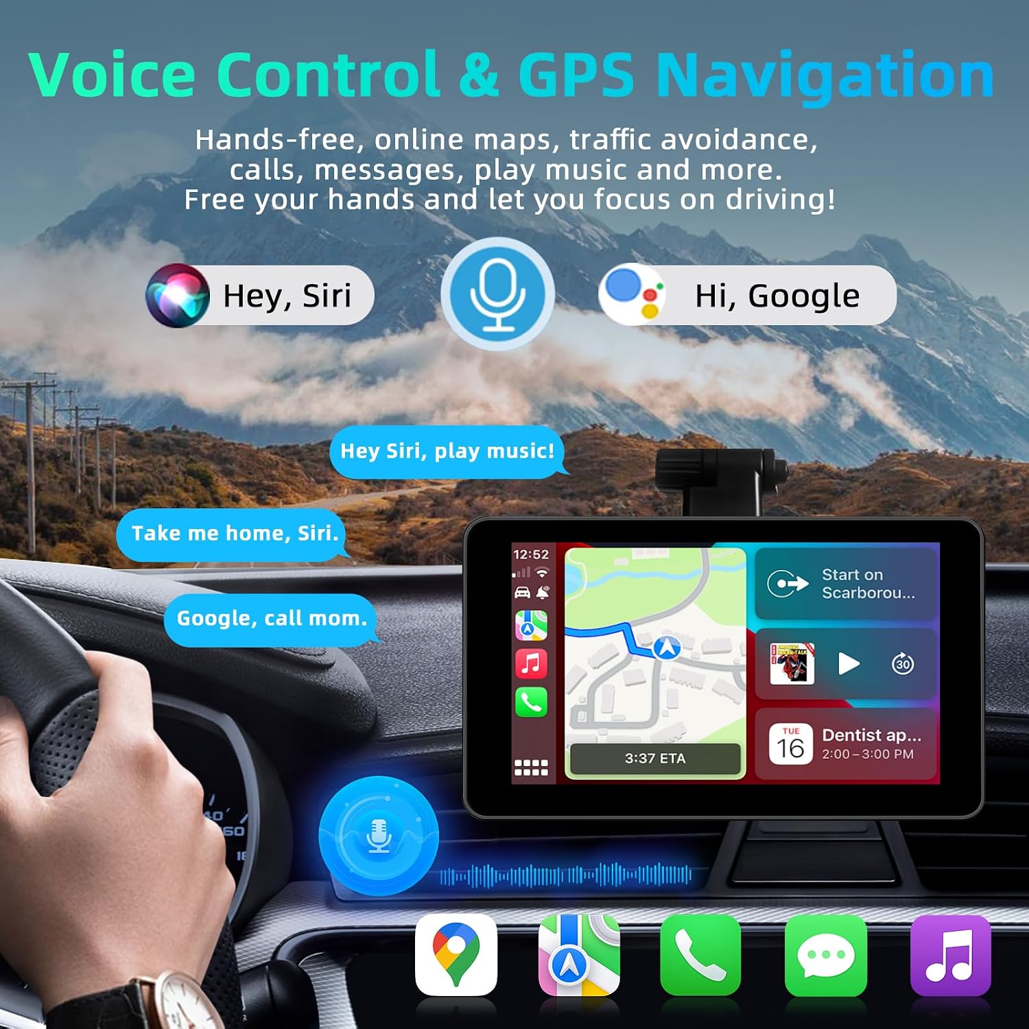 Thumbnail 2 de Android Auto Display & Carplay Display (7 Zoll) mit Bluetooth, Sprachsteuerung, AUX, FM und Wireless CarPlay