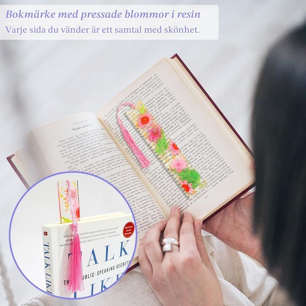 Thumbnail 5 de AUAUY bokmärken i harts, 3-pack med transparent blommotiv och tofsar