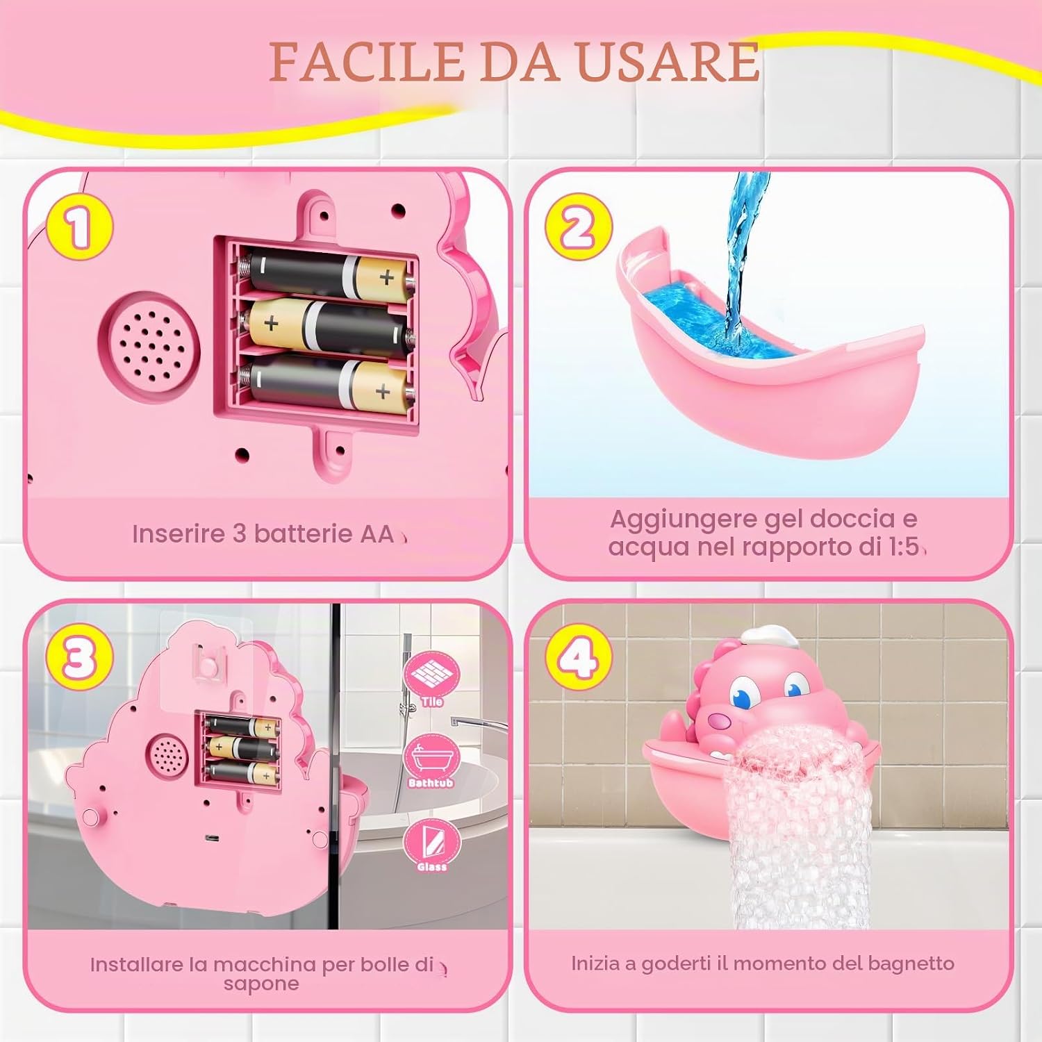 Detalle 2 de Adeokay Dinosauro: Macchina per bolle per vasca con luci LED rosa, 250 ml, giocattolo sicuro per bambini 1–4 anni
