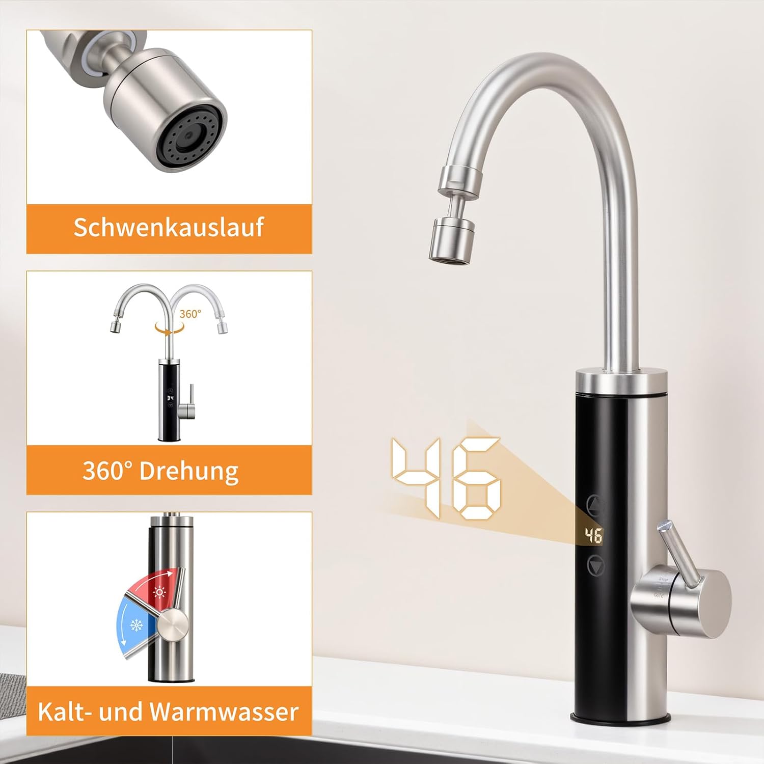 Thumbnail 2 de HOMELODY Elektrischer Wasserhahn mit Durchlauferhitzer (230V) und Touch-Temperaturregler für Küche, Garten & Camping