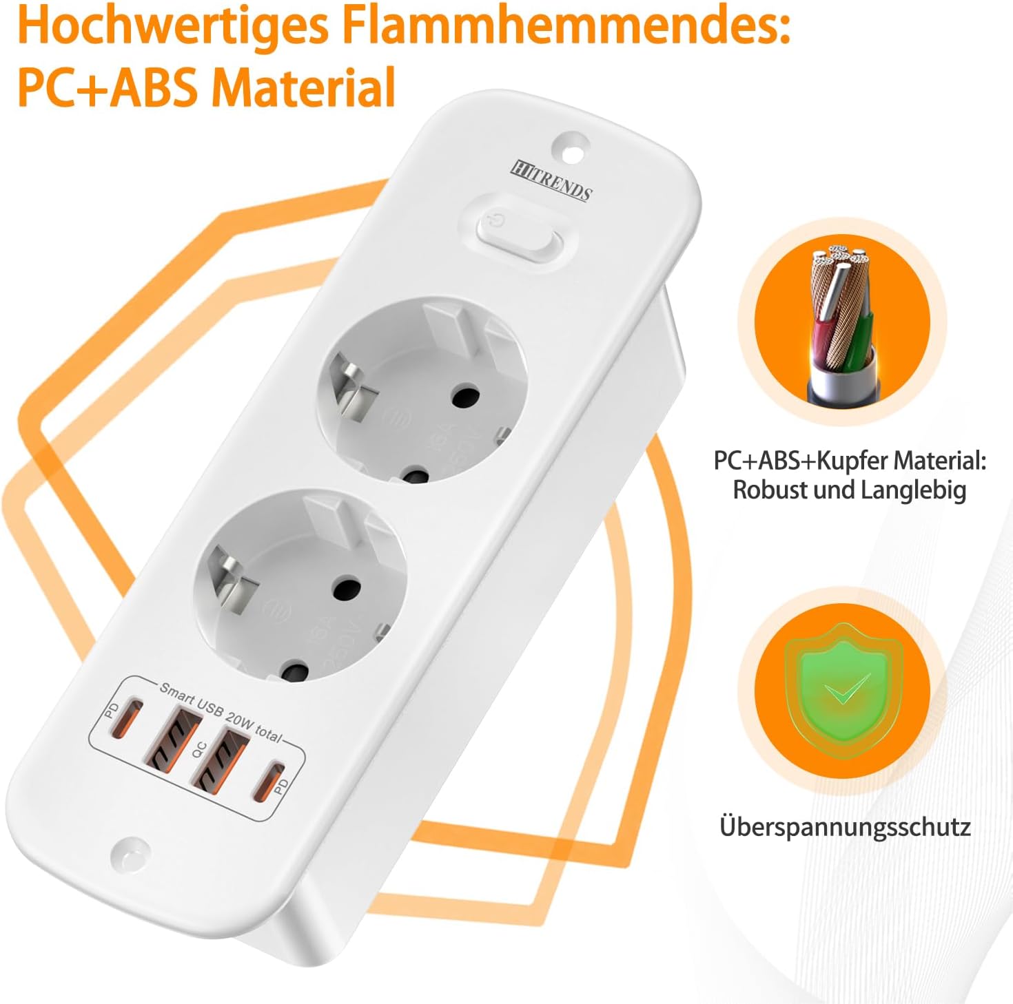 Detalle 1 de HITRENDS 2 Prises+2C-Blanc inschuifbaar stopcontact met 4 USB-poorten