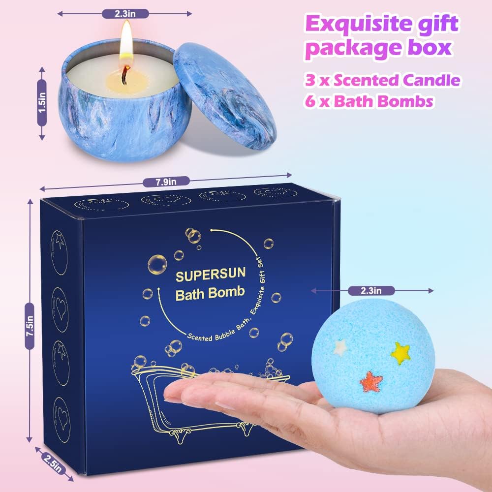 Detalle 2 de SUPERSUN 6 Bath Bombs Gift Set with 3 Candles 🛀