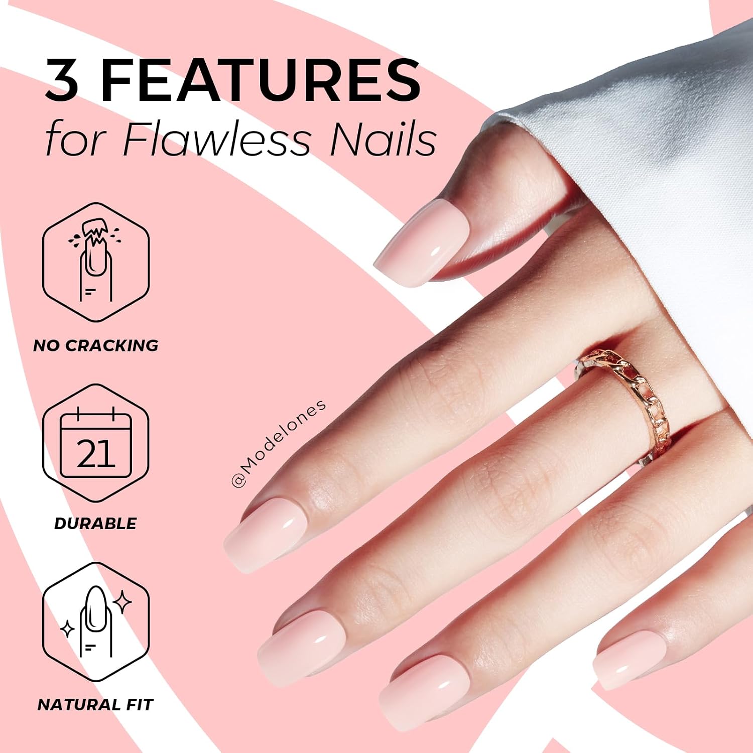 Detalle de Modelones Baby Pink Press on Nails: 32-Piece Summer Short Square Reusable Nail Kit