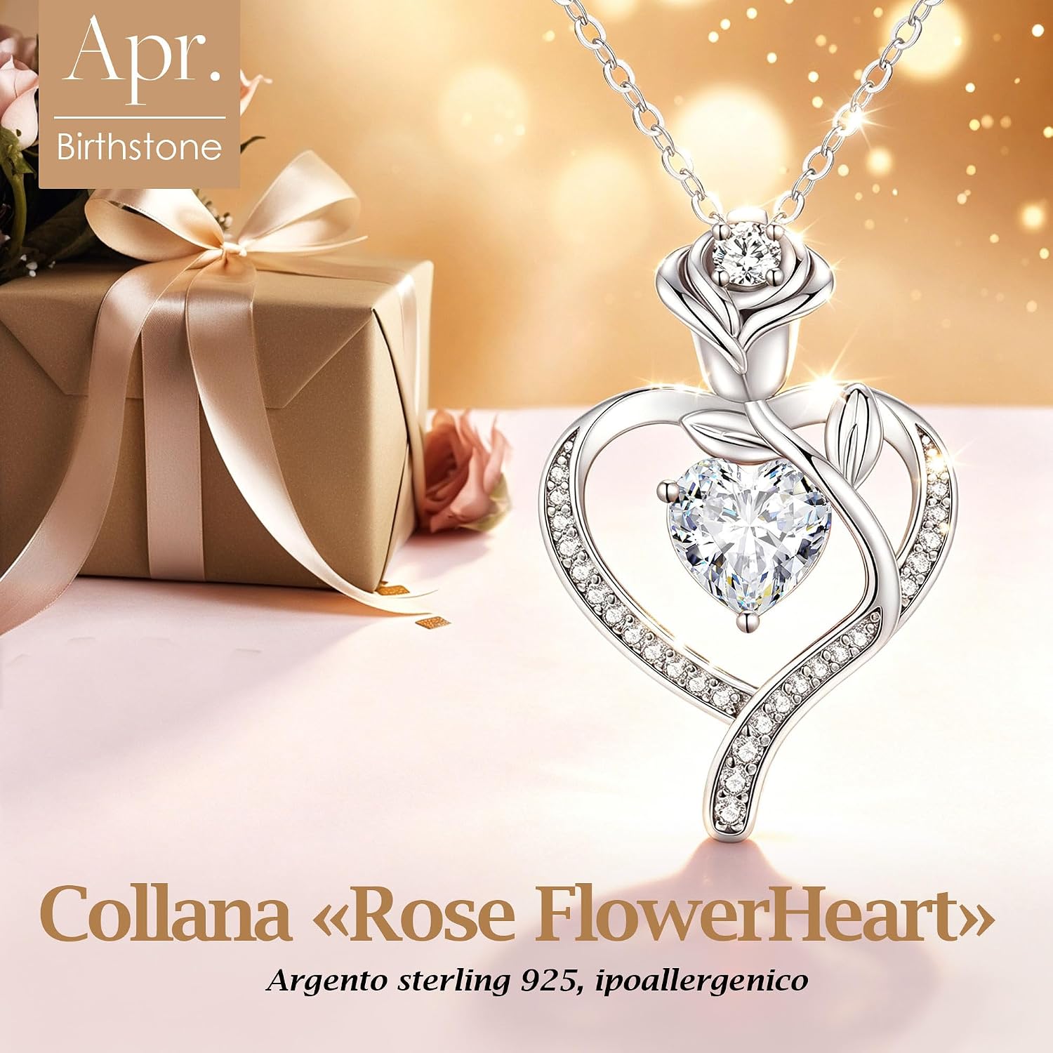 Thumbnail 2 de CDE Collana Cuore Rosa con Pietra di Nascita in Argento 925