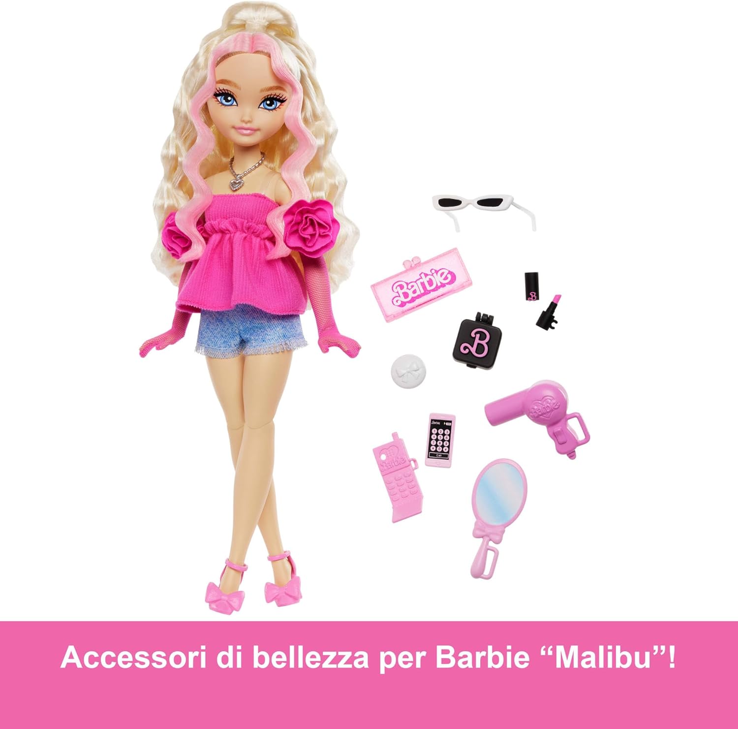 Detalle de Barbie Dream Besties - Malibu: bambola snodata con 11 accessori per capelli e make-up