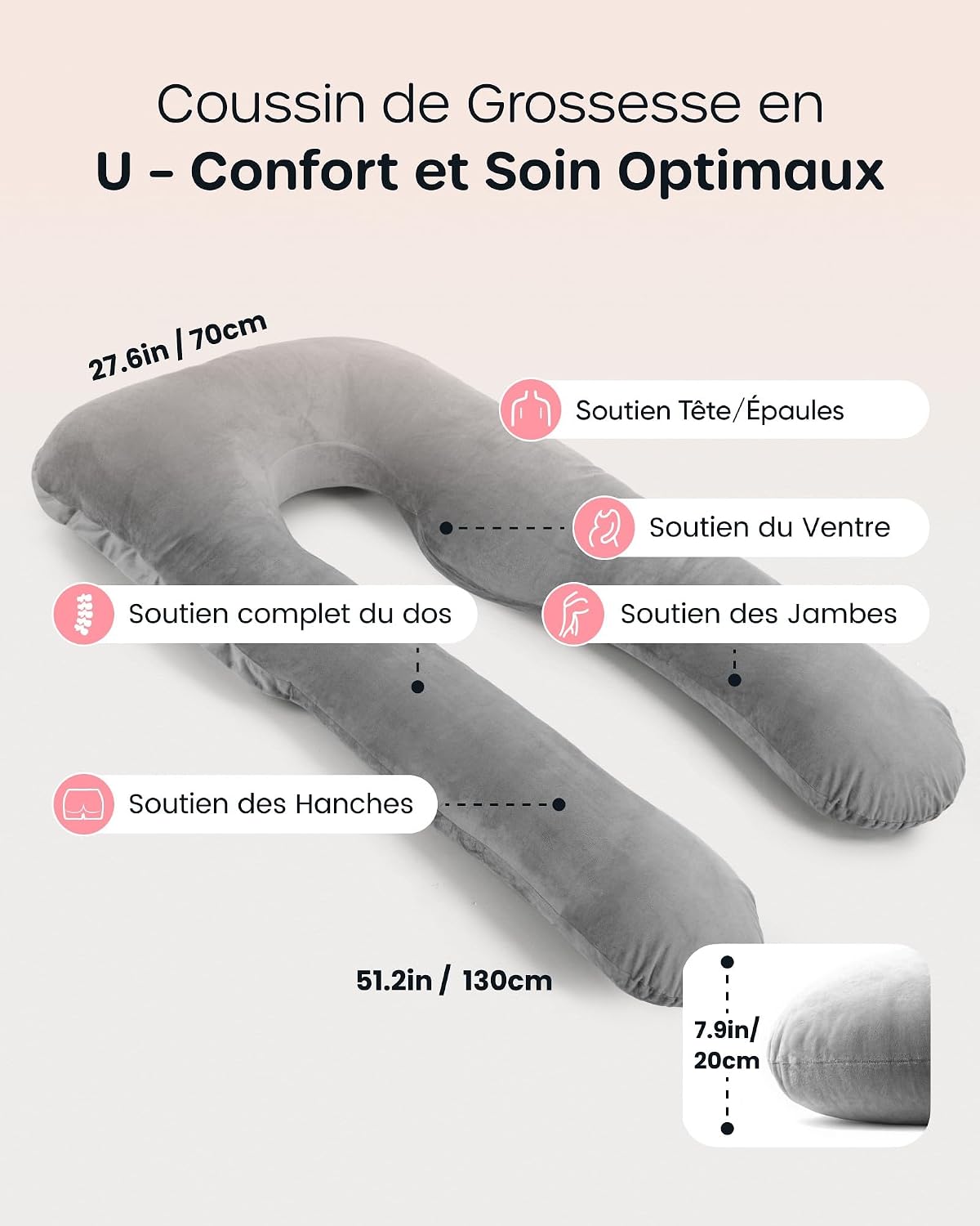 Thumbnail 1 de Nuliie Coussin de Grossesse pour Dormir en forme de U – Oreiller de Corps Gris